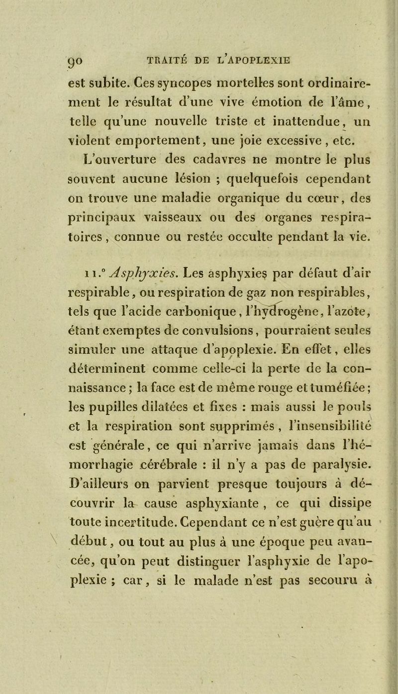 est subite. Ces syncopes morteltes sont ordinaire- ment le résultat d’une vive émotion de l’ânie, telle qu’une nouvelle triste et inattendue, un violent emportement, une joie excessive, etc. L’ouverture des cadavres ne montre le plus souvent aucune lésion ; quelquefois cependant on trouve une maladie organique du cœur, des principaux vaisseaux ou des organes respira- toires , connue ou restée occulte pendant la vie. w! Asphyxies. Les asphyxie? par défaut d’air respirable, ou respiration de gaz non respirables, tels que l’acide carbonique, l’hydrogène, l’azote, étant exemptes de convulsions, pourraient seules simuler une attaque d’apoplexie. En effet, elles déterminent comme celle-ci la perte de la con- naissance ; la face est de même rouge et tuméfiée ; les pupilles dilatées et fixes : mais aussi le pouls et la respiration sont supprimés , l’insensibilité est générale, ce qui n’arrive jamais dans l’hé- morrhagie cérébrale : il n’y a pas de paralysie. D’ailleurs on parvient presque toujours à dé- couvrir la cause asphyxiante , ce qui dissipe toute incertitude. Cependant ce n’est guère qu’au ’ \ début, ou tout au plus à une époque peu avan- cée, qu’on peut distinguer l’asphyxie de l’apo- plexie ; car, si le malade n’est pas secouru à