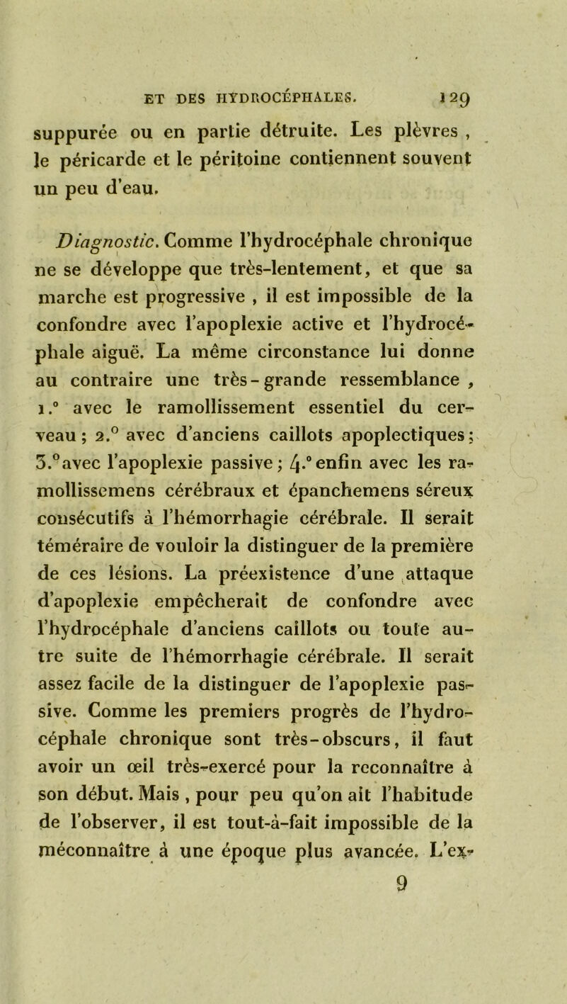 suppurée ou en partie détruite. Les plèvres , le péricarde et le péritoine contiennent souvent un peu d’eau. Diagnostic, Comme l’hydrocéphale chronique ne se développe que très-lentement, et que sa marche est progressive , il est impossible de la confondre avec l’apoplexie active et l’hydrocé- phale aiguë. La même circonstance lui donne au contraire une très-grande ressemblance , 1avec le ramollissement essentiel du cer^ veau; 2.° avec d’anciens caillots apoplectiques; 5.®avec l’apoplexie passive; 4-°enfin avec les rar mollissemens cérébraux et épanchemens séreux consécutifs à l’hémorrhagie cérébrale. Il serait téméraire de vouloir la distinguer de la première de ces lésions. La préexistence d’une attaque d’apoplexie empêcherait de confondre avec l’hydrocéphale d’anciens caillots ou toute au- tre suite de l’hémorrhagie cérébrale. Il serait assez facile de la distinguer de l’apoplexie pas^- sive. Comme les premiers progrès de l’hydror- céphale chronique sont très - obscurs, il faut avoir un œil très^exercé pour la reconnaître à son début. Mais , pour peu qu’on ait l’habitude de l’observer, il est tout-à-fait impossible de la méconnaître à une époque plus avancée. L’ex^ 9