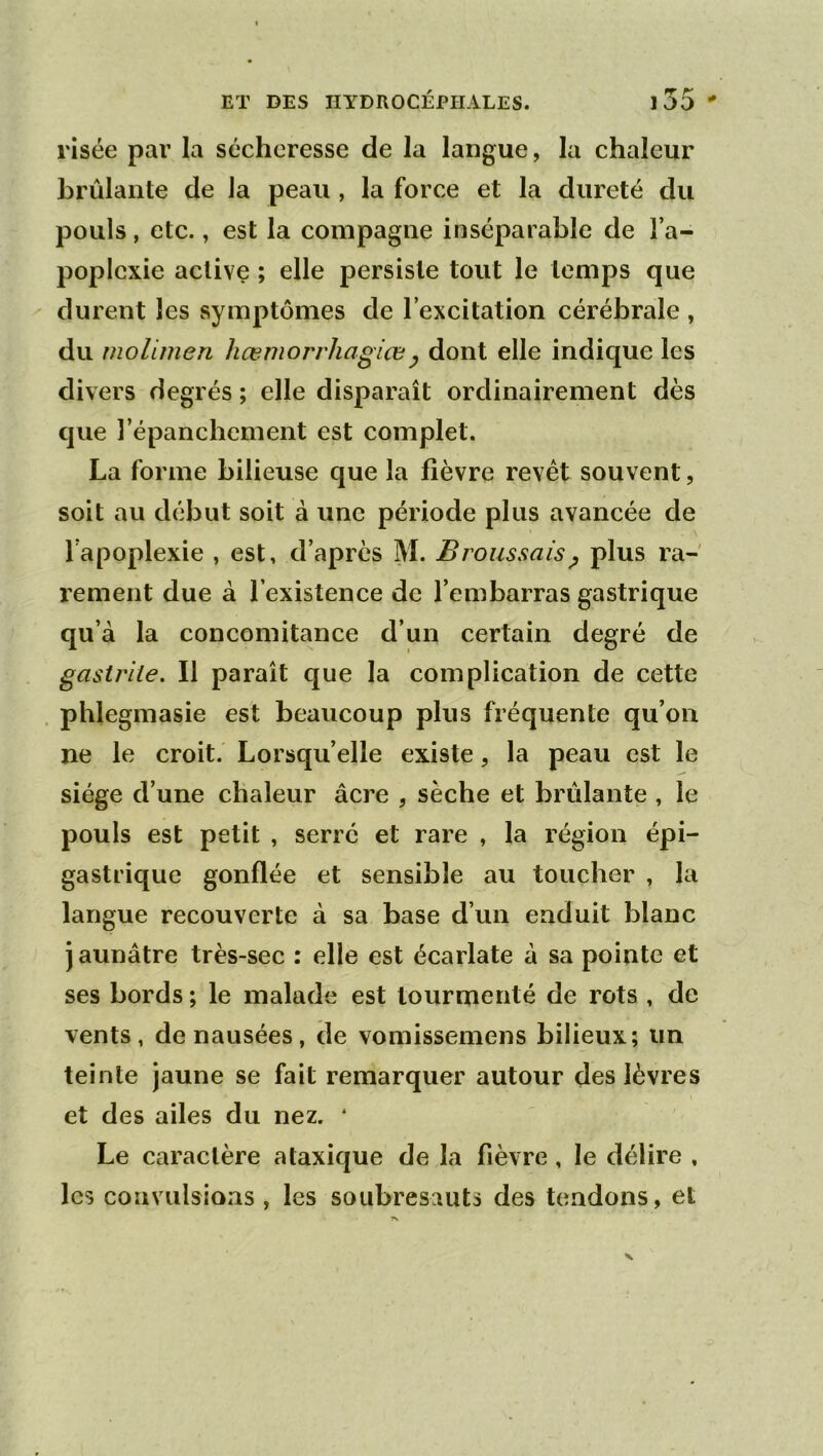 risée par la sécheresse de la langue, la chaleur brûlante de Ja peau , la force et la dureté du pouls, etc., est la compagne inséparable de l’a- popicxie active ; elle persiste tout le temps que durent les symptômes de l’excitation cérébrale , du molimen hœmorrhagiœy dont elle indique les divers degrés ; elle disparaît ordinairement dès que l’épanchement est complet. La forme bilieuse que la fièvre revêt souvent, soit au début soit à une période plus avancée de l’apoplexie , est, d’après M. Broussais y plus ra- rement due à l’existence de l’embarras gastrique qu’à la concomitance d’un certain degré de gastrite. Il paraît que la complication de cette phlegmasie est beaucoup plus fréquente qu’on ne le croit. Lorsqu’elle existe, la peau est le siège d’une chaleur âcre , sèche et brûlante , le pouls est petit , serré et rare , la région épi- gastrique gonflée et sensible au toucher , la langue recouverte à sa base d’un enduit blanc jaunâtre très-sec : elle est écarlate à sa pointe et ses bords ; le malade est tourmenté de rots , de vents, de nausées, de vomissemens bilieux; un teinte jaune se fait remarquer autour des lèvres et des ailes du nez. * Le caractère ataxique de la fièvre , le délire , les coîivulsioas , les soubresauts des tendons, et