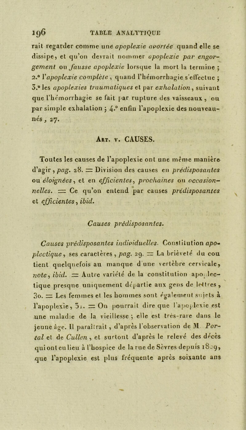 rait regarder comme une apoplexie aaortée quand elle se dissipe, et qu’on devrait nommer apoplexie par engor- gement on fausse apoplexie lorsque la mort la termine ; 2. ® Y apoplexie complète , quand rhémorrhagic s’effectue ; 3. ® les apoplexies traumatiques et par exhalation ^ suivant que l’hémorrhagie se fait par rupture des vaisseaux , ou par simple exhalation 5 4*° enfin l’apoplexie des nouveau- nés , 27. Art. V. CAUSES. Toutes les causes de l’apoplexie ont une meme manier© d’agir, pag. 28. =z Division des causes en prédisposantes on éloignées ^ et en efficientes^ prochaines ou occasion- nelles. z=z Ce qu’on entend *par causes prédisposantes et efficientes y ibid. Causes prédisposantes. Causes prédisposantes individuelles. Conslilution apo^ plectiqueses caractères , pag. 29. rr La brièveté du cou lient quelquefois au manque d’une vertèbre cervicalej note J ibid. — Autre variété de la constitution apo. lec- tique presque uniquement déj)arlie aux gens de iHtres, 3o. Les femmes et les hommes sont également sujets à l’apoplexie, 5j. rr: On pourrait dire que l’apoplexie est une maladie de la vieillesse ; elle est très-rare dans le jeune âge. Il paraîlrait , d’après l’observation de M Por- tai et de Cullen , et surtout d’après le relevé des décès qui ont eu Heu à l’hospice de laruede Sèvres depuis iBjq, que l’apoplexie est plus fréquente après soixante ans