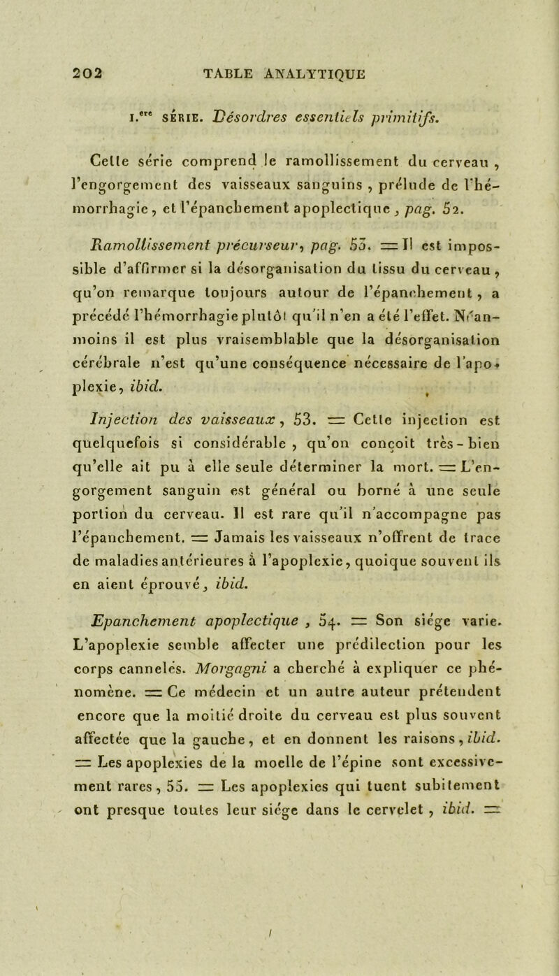 I.* SÉRIE. Désordres essentiels primitifs. Celle série comprend le ramollissement du cerveau , l’engorgement des vaisseaux sanguins , prélude de Thé- inorrhagie , et l’épancbement apoplectique ^ pcig. 52. ^Ramoitissement précurseur-i pag. 53. =izll est impos- sible d’affirmer si la désorganisation du lissu du cerveau, qu’on remarque toujours autour de l’épanchement , a précédé l’hémorrhagie plutôt qu'il n’en a été l’effet. Ni'^an- moins il est plus vraisemblable que la désorganisation cérébrale n’est qu’une conséquence nécessaire de l’apo^ plexie, ibid. Injection des vaisseaux53. — Cette injection est quelquefois si considérable, qu’on conçoit très-bien qu’elle ait pu à elle seule déterminer la mort. — L’en- gorgement sanguin est général ou borné à une seule portion du cerveau. 11 est rare qu’il n’accompagne pas l’épanchement. Jamais les vaisseaux n’offrent de trace de maladies antérieures à l’apoplexie, quoique souvent ils en aient éprouvéj ibid. Epanchement apoplectique , 5^. — Son siège varie. L’apoplexie semble affecter une prédilection pour les corps cannelés. Morgagni a cherché a expliquer ce phé- nomène. = Ce médecin et un autre auteur prétendent encore que la moitié droite du cerveau est plus souvent affectée que la gauche, et en donnent les raisons, “ Les apoplexies de la moelle de l’épine sont excessive- ment rares, 55. =: Les apoplexies qui tuent subitement ont presque toutes leur siège dans le cervelet , ibid. ~ /