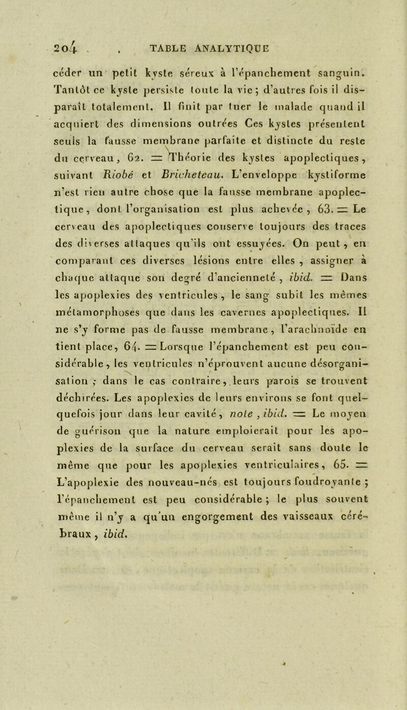 céder un petit kvste séreux à l’épanchement sanguin. Tantôt ce kjste persifle toute la vie; d’autres fois il dis- paraît totalement. 11 finit par tuer le malade quand il acquiert des dimensions outrées Ces kjstes présentent seuls la fausse membrane parfaite et distincte du reste du cerveau, 62. zzVliéorie des kjsles apoplectiques, suivant Riobé et Bricheteau. L’enveloppe kjstiforme n’esl rien autre chose que la fausse membrane apoplec- tique, dont l’organisation est plus achevée, 63. — Le cerveau des apoplectiques conserve toujours des traces des diverses attaques qu’ils ont essujées. On peut , en comparant ces diverses lésions entre elles , assigner à chaque attaque son degré d’ancienneté , ibid. — Dans les apoplexies des ventricules , le sang subit les mêmes métamorphoses que dans les cavernes apoplectiques. Il ne s’j forme pas de fausse membrane, l’arachnoïde en tient place, 64* = Lorsque l’épanchement est peu eon- sidcrable, les ventricules n’éprouvent aucune désorgani- sation ,• dans le cas contraire, leurs parois se trouvent déchirées. Les apoplexies de leurs environs se font quel- quefois jour dans leur cavité, noie , ibid. -=:z Le mojen de guérison que la nature emploierait pour les apo- plexies de la surface du cerveau serait sans doute le même que pour les apoj)lexies ventriculaires, 65. ~ L’apoplexie des nouveau-nés est toujours foudroyante 5 l’épanchement est peu considérable ; le plus souvent même il n’y a qu'un engorgement des vaisseaux céré- braux, ibid.
