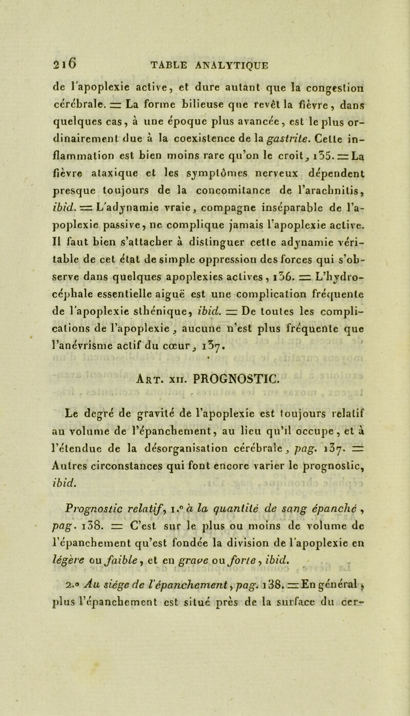 2 1 6 TABLE ANALYTIQUE de l’apoplexie active, et dure autant que la congestion cérébrale. — La forme bilieuse que revêt la fièvre, dans quelques cas, à une époque plus avancée, est le plus or- dinairement due à la coexistence de \di gastrite. Celle in- flammation est bien moins rare qu’on le croiti55.rrLa fièvre ataxique et les symptômes nerveux dépendent presque toujours de la concomitance de l’aracbnitis, z67c/. = L’adjnamie vraie, compagne inséparable de l’a- poplexie passive, ne complique jamais l’apoplexie active. Il faut bien s’attacher à distinguer cette ad^'namie véri- table de cet état desimpie oppression des forces qui s’ob- serve dans quelques apoplexies actives, i56. — L’bvdro- cépliale essentielle aiguë est une complication fré([iienle de l’apoplexie sthénique, ibid. zi: De toutes les compli- cations de l’apoplexie , aucune n’est plus fréquente que l’anévrisme actif du cœur ^ i5y. Art. XII. PROGNOSTIC. » Le degré de gravité de l’apoplexie est toujours relatif au volume de l’épanebement, au lieu qu’il occupe, et à l’étendue de la désorganisation cérébrale pcig> iSy. = Autres circonstances qui font encore varier le prognoslic, ibid. Pvognostic relatif., i.”à la quantité de sang épanché , pag. i38. “ C’est sur le plus ou moins de volume de l’épanchement qu’est fondée la division de l’apoplexie en légère ou faible., et en gratte on forte., ibid. 2.0 Au siège de Vépanchement, pag. i38. :z:En général ^ plus l’épancbemcnt est situé près de la surface du cer-
