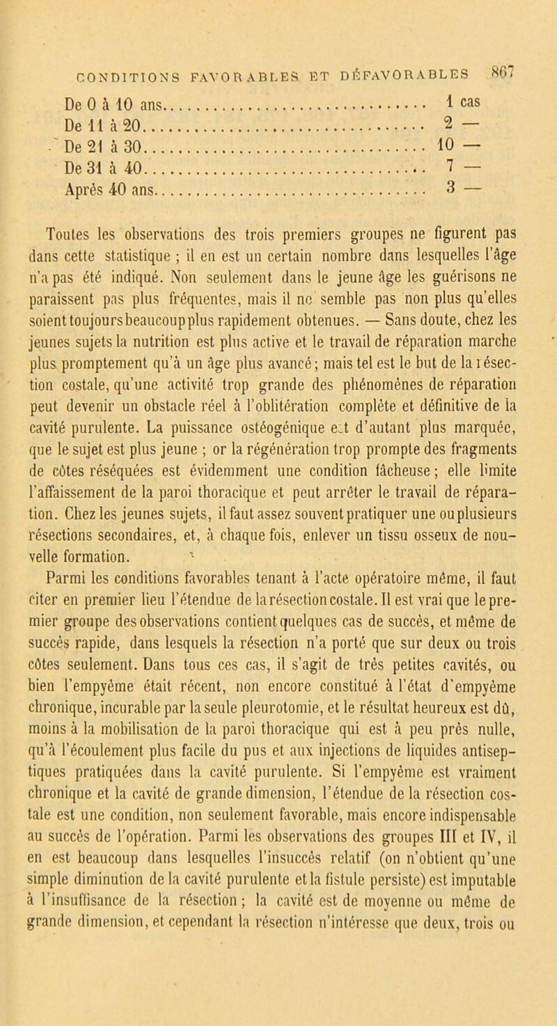 De 0 à 10 ans 1 cas De 11 à 20 2 — .'De 21 à 30 10 — De 31 à 40 7 — Après 40 ans 3 — Toutes les observations des trois premiers groupes ne figurent pas dans cette statistique ; il eu est un certain nombre dans lesquelles l’âge n’a pas été indiqué. P^fon seulement dans le jeune âge les guérisons ne paraissent pas plus fréquentes, mais il no semble pas non plus qu’elles soient toujours beaucoup plus rapidement obtenues. — Sans doute, chez les jeunes sujets la nutrition est plus active et le travail de réparation marche plus promptement qu’à un âge plus avancé ; mais tel est le but de la i ésec- tion costale, qu’une activité trop grande des phénomènes de réparation peut devenir un obstacle réel à l’oblitération complète et définitive de la cavité purulente. La puissance ostéogénique e.t d’autant plus marquée, que le sujet est plus jeune ; or la régénération trop prompte des fragments de côtes réséquées est évidemment une condition fâcheuse ; elle limite l’affaissement de la paroi thoracique et peut arrêter le travail de répara- tion. Chez les jeunes sujets, il faut assez souvent pratiquer une ou plusieurs résections secondaires, et, à chaque fois, enlever un tissu osseux de nou- velle formation. ' Parmi les conditions favorables tenant à l’acte opératoire même, il faut citer en premier lieu l’étendue de la résection costale. Il est vrai que le pre- mier groupe des observations contient quelques cas de succès, et même de succès rapide, dans lesquels la résection n’a porté que sur deux ou trois côtes seulement. Dans tous ces cas, il s’agit de très petites cavités, ou bien l’empyéme était récent, non encore constitué à l’état d’empyème chronique, incurable par la seule pleurotomie, et le résultat heureux est dû, moins à la mobilisation de la paroi thoracique qui est à peu près nulle, qu’à l’écoulement plus facile du pus et aux injections de liquides antisep- tiques pratiquées dans la cavité purulente. Si l’empyéme est vraiment chronique et la cavité de grande dimension, l’étendue de la résection cos- tale est une condition, non seulement favorable, mais encore indispensable au succès de l’opération. Parmi les observations des groupes III et IV, il en est beaucoup dans lesquelles l’insuccès relatif (on n’obtient qu’une simple diminution delà cavité purulente et la fistule persiste) est imputable à l’insuffisance de la résection ; la cavité est de moyenne ou même de grande dimension, et cependant la résection n’intéresse que deux, trois ou