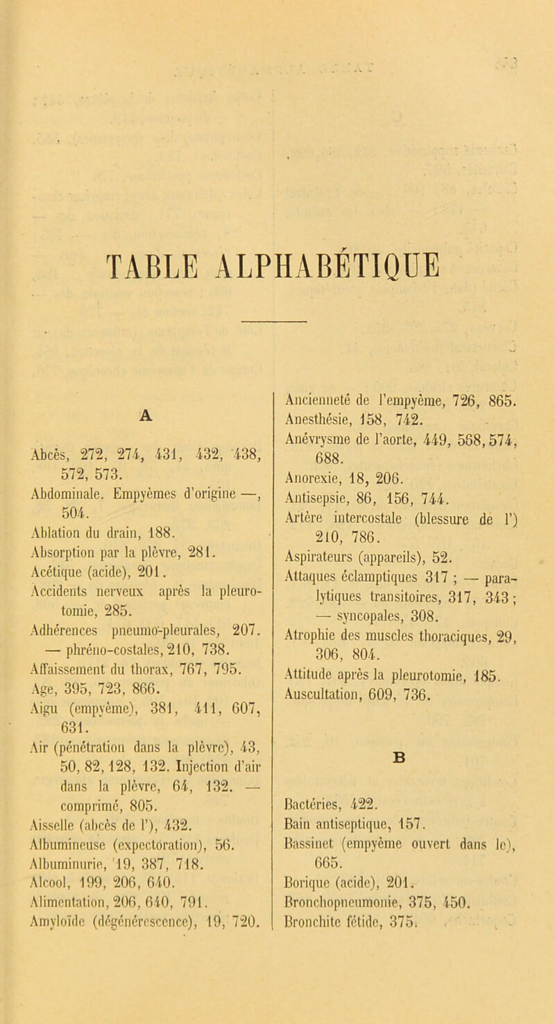 TABLE ALPHABETIQUE A Abcès, 272, 274, 431, 432, 438, 572, 573. Abdominale. Empyèmes d’origine —, 504. .Ablation du drain, 188. Absorption par la plèvre, 281. Acétique (acide), 201. Accidents nerveux après la pleuro- tomie, 285. •Adhérences pneumo-pleurales, 207. — phréno-costales, 210, 738. Affaissement du thorax, 767, 795. -Age, 395, 723, 866. Aigu (empyème), 381, 411, 607, 631. ' Air (pénétration dans la plèvre), 43, 50, 82,128, 132. Injection d’air dans la plèvre, 64, 132. — comprimé, 805. Ais.selle (abcès de 1’), 432. Albumineuse (expectoration), 56. Albuminurie, 19, 387, 718. Alcool, 199, 206, 640. Alimentation, 206, 6i0, 791. Amyloïde (dégénérescence), 19, 720. Ancienneté de l’empyèrae, 726, 865. Anesthésie, 158, 742. Anévrysme de l’aorte, 449, 568,574, 688. Anorexie, 18, 206. Antisepsie, 86, 156, 744. Ai’tère intercostale (blessure de 1’) 210, 786. Aspirateurs (appareils), 52. Attaques éclamptiques 317 ; — pai-a- lytiques transitoires, 317, 343 ; — syncopales, 308. Atrophie des muscles thoraciques, 29, 306, 804. •Attitude après la pleurotomie, 185. Auscultation, 609, 736. B Bactéries, 422. Bain antiseptique, 157. Bassinet (empyème ouvert dans le), 665. Borique (acide), 201. Bronchopneumonie, 375, 450. Bronchite fétide, 375.
