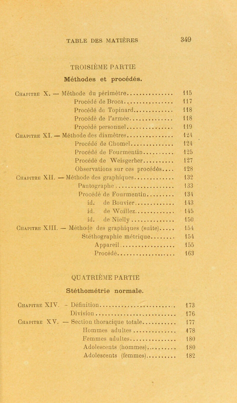 TROISIÈME PARTIE Méthodes et procédés. Chapitre X. — Méthode du périmètre 115 Procédé de Broca. 117 Procédé de Topinard 118 Procédé de l’armée 118 Prçcédé personnel 119 Chapitre XI. — Méthode des diamètres Procédé de Chomel 124 Procédé de Fourmentin 125 Procédé de Weisgerber 127 Observations sur ces procédés.... 128 Chapitre XII. — Méthode des graphiques 132 Pantographe 133 Procédé de Fourmentin 134 id. de Bouvier 143 id. de Woillez 145 id. de Nielly 150 Chapitre XIII. — Méthode des graphiques (suite) 154 Stéthographie métrique 154 Appareil 155 Procédé 163 QUATRIÈME PARTIE Stéthométrie normale. Chapitre XIV. - Définition 173 Division 176 Chapitre XV. — Section thoracique totale 177 Hommes adultes 178 Femmes adultes 180 Adolescents (hommes) 180 Adolescents (femmes) 182