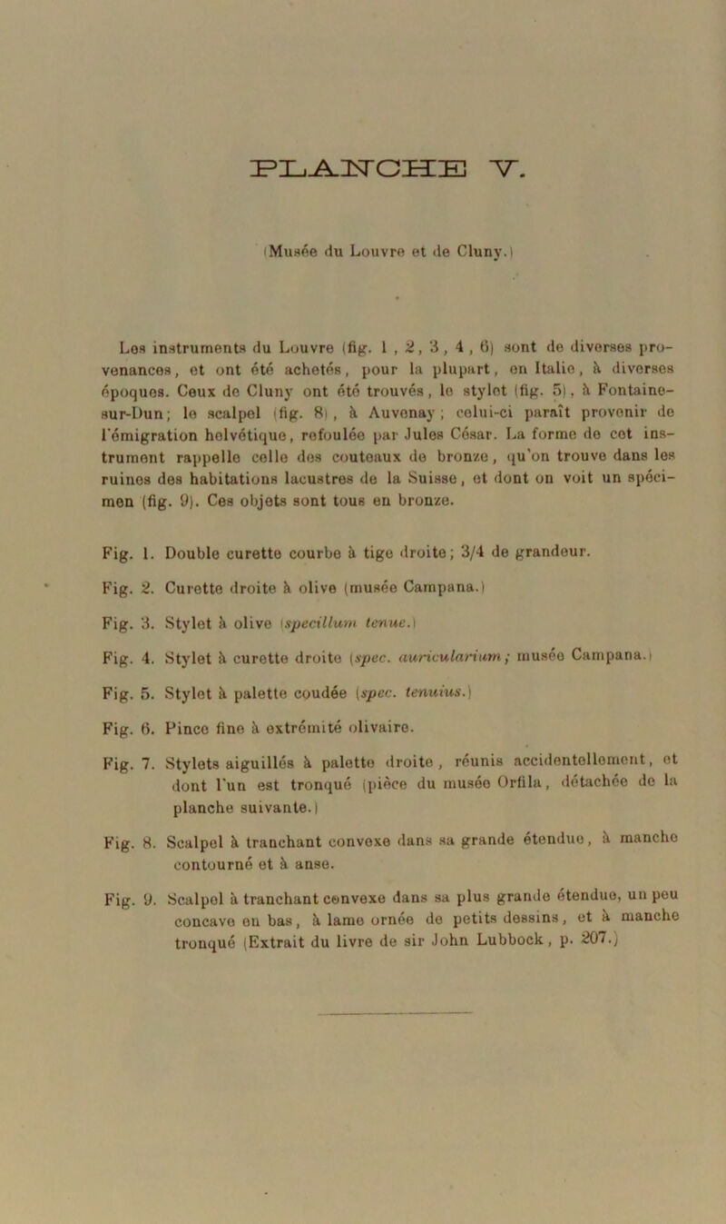 IFL-j^ïsTOIEIE V”. (Musée du Louvre et de Cluny.l Les instruments du Louvre (fig. 1,2, 3, 4,6) sont de diverses pro- venances, et ont été achetés, pour la plupart, en Italie, à diverses époques. Ceux de Cluny ont été trouvés, le stylet (fig. 5), à Fontaino- sur-L)un; le scalpel (fig. 8i , à Auvenay ; celui-ci paraît provenir de l'émigration helvétique, refoulée par Jules César. La forme do cot ins- trument rappelle celle dos couteaux de bronze, qu’on trouve dans les ruinos des habitations lacustres de la Suisse, et dont on voit un spéci- men (fig. 9). Ces objets sont tous en bronze. Fig. 1. Double curette courbe à tige droite; 3/4 de grandeur. Fig. 2. Curette droite à olive (musée Campana.) Fig. 3. Stylet à olive (specillum tenue.] Fig. 4. Stylet h curette droite (spec. auricularium ; muséo Campana. i Fig. 5. Stylet à palette coudée [spec. tenuius.) Fig. 6. Pince fine à extrémité olivairo. Fig. 7. Stylets aiguillés à palette droite, réunis accidentellement, et dont l’un est tronqué (pièce du muséo Orfila, détachée de la planche suivante.) Fig. 8. Scalpel à tranchant convexe dans sa grande étendue, à mancho contourné et à anse. Fig. 9. Scalpel à tranchant convexe dans sa plus grande étendue, un peu concave en bas, à lame ornée do petits dessins, ut à manche tronqué (Extrait du livre de sir John Lubbock, p. 207.)