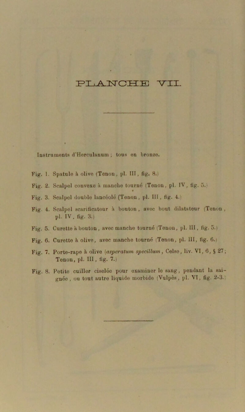 zpn^isrciHœ ■vri. Instruments d’Horculanum ; tous en bronze. Fig. 1. Spatule à olive (Tonon, pl. III, fig. 8.) Fig. 2. Scalpel convexe à manche tourné (Tenon, pl. IV, fig. 5.) Fig. 3. Scalpel double lancéolé (Tenon, pl. III, fig. 4.) Fig. 4. Scalpel scarificateur à bouton , avec bout dilatateur (Tenon , pl. IV. fig. 3.) Fig. 5. Curette à bouton, avec manche tourné (Tenon, pl. III, fig. 5.) Fig. 6. Curotto à olive, avec manche tourné (Tenon, pl. 111, fig. 6.) Fig. 7. Porte-rape à olive (asperatum specillum, Celso, liv. VI, 6, § 27; Tenon, pl. III, fig. 7.) Fig. 8. Petite cuiller ciselée pour examiner le sang, pendant la sai- gnée , ou tout autre liquide morbide (Vulpès, pl. VI, fig. 2-3.i