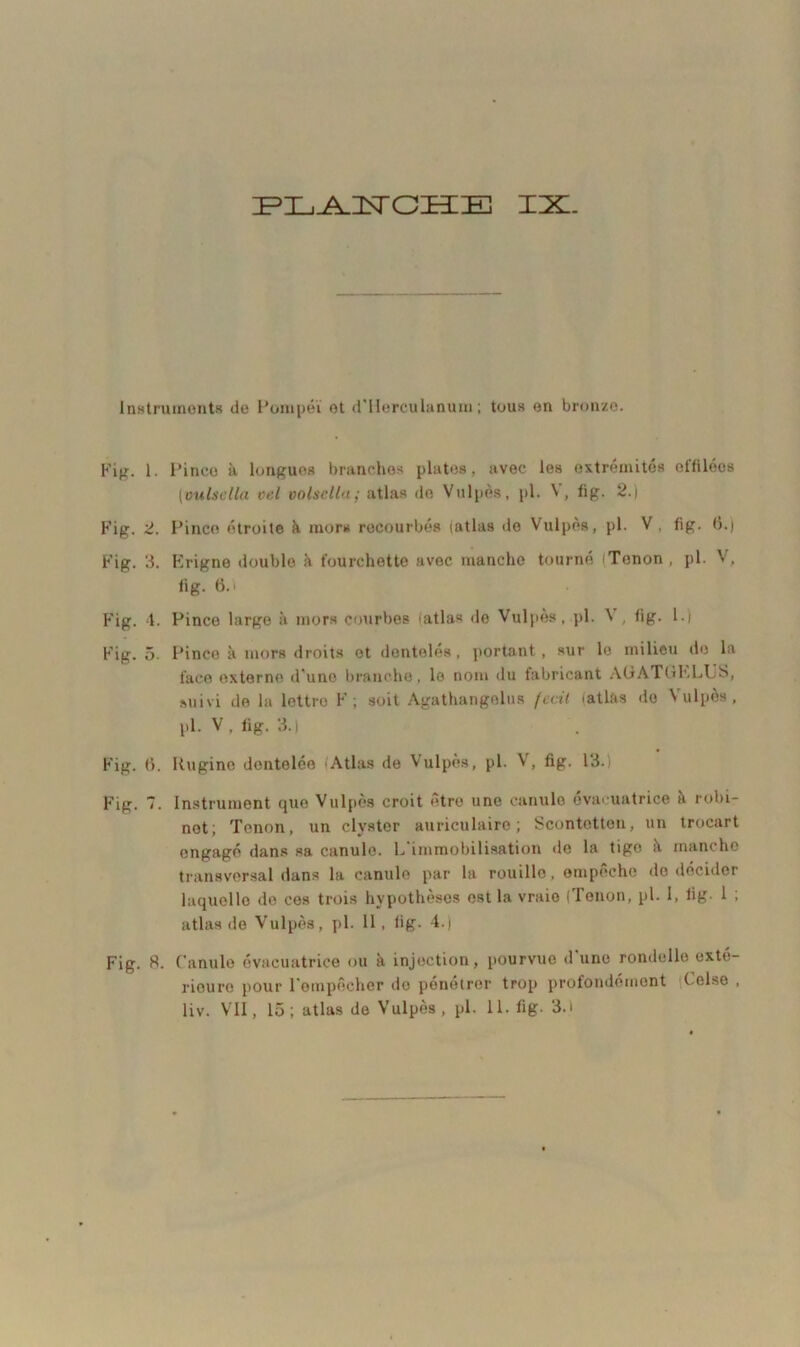 ZPI_.-A_ XTCXXIE XX. Instruments de Porupéï et d'Herculanum ; tous en bronze. Fig. 1. Pince à longues branches plates, avec les extrémités effilées (vulsclla vel volsella; atlas de Vulpès, pl. V, fig. 2.| Fig. 2. Pince étroite à mors recourbés (atlas do Vulpès, pl. V , fig. 6.) Fig. 3. Krigne double à fourchette avec manche tourné Tenon, pl. V. fig. 6.i Fig. 4. Pince large à mors courbes iatlas de Vulpès, pl. V , fig. 1.) Fig. 5. Pince à mors droits et dentelés , portant , sur le milieu de la face externe d'une branche, le nom du fabricant AGATGhLUS, suivi de la lettre F; soit Agathangelus fait (atlas do Vulpès, pl. V, fig. 3.) Fig. 6. Rugino dentelée ‘Atlas de Vulpès, pl. V, fig. 13. Fig. 7. Instrument que Vulpès croit etre une canule evacuatrice a robi- net; Tenon, un clvster auriculaire; Scontetton, un trocart engagé dans sa canule. L immobilisation de la tige «V manche transversal dans la canule par la rouille, empêche de décider laquelle de ces trois hypothèses est la vraie (Tenon, pl. I, fig- 1 ; atlas do Vulpès, pl. 11 , fig- 4.) Fig. H. Canule évacuatrice ou à injection, pourvue d une rondelle exté- rieure pour l’empêcher do pénétrer trop profondément Celse ,