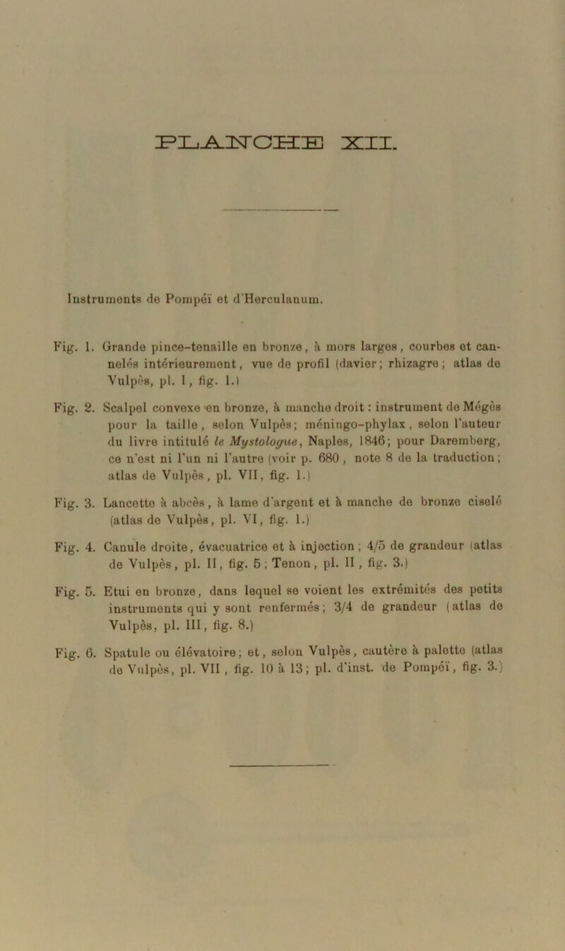 Œ?T-iJ±2ST OIEEIE 2ZII. Instruments de Pompéï et d'Herculanum. Fig. I. Grande pince-tenaille en bronze, à mors larges, courbes et can- nelés intérieurement, vue de profil (davier; rhizagre; atlas do Vulpès, pl. 1, fig. 1.) Fig. 2. Scalpel convexe on bronze, à manche droit : instrument de Mégès pour la taille, selon Vulpès; méningo-phylax , selon l'auteur du livre intitulé le Mystoloyue, Naples, 1846; pour Daremberg, ce n’est ni l'un ni l’autre (voir p. 680, note 8 de la traduction ; atlas de Vulpès, pl. VII, fig. 1.) Fig. 3. Lancette à abcès, à lame d'argent et à manche de bronze ciselé (atlas de Vulpès, pl. VI, fig. 1.) Fig. 4. Canule droite, évacuatrice et à injoction ; 4/5 de grandeur (atlas de Vulpès, pl. II, fig. 5 ; Tenon, pl. II, fig. 3.) Fig. 5. Etui en bronze, dans lequel se voient les extrémités des petits instruments qui y sont renfermés; 3/4 de grandeur (atlas de Vulpès, pl. III, fig. 8.) Fig. 6. Spatulo ou élévatoire; et, selon Vulpès, cautère à pâlotte (atlas