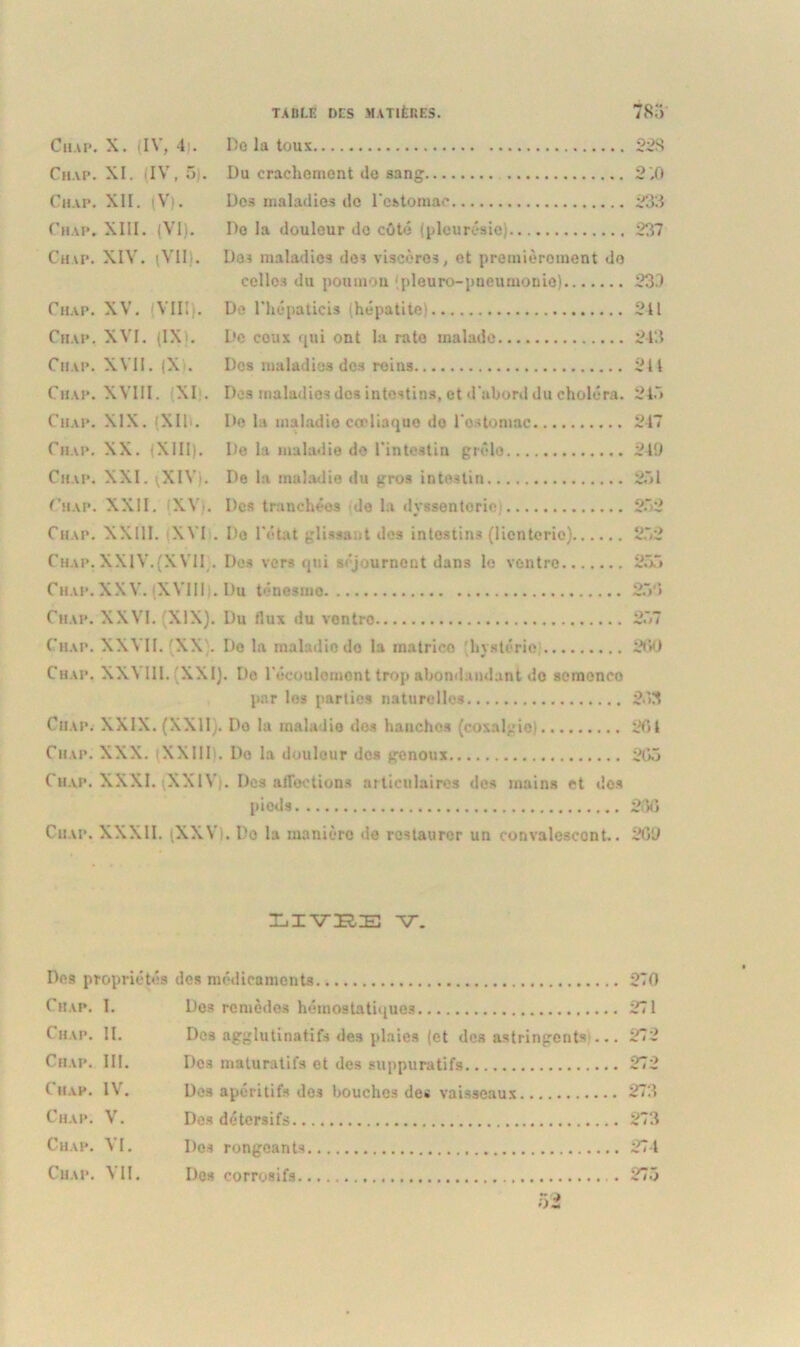 Chap. X. (IV, 4). De la tous 223 Chap. XI. IV, 5). I)u crachement do sang 2,0 Chap. XII. (V). Des maladies de l'estomac 233 Chap, XIII. (YI). Do la douleur do côté (pleurésie).. 237 Chap. XIV. (VII . Dos maladies des viscères, et premièrement do celles du pouni iu ■ pleuro-pneumonio) 233 Chap. XV. (VIII). De l'hépaticis (hépatite) 211 Chap. XVI. (IX). De coux qui ont la rate malade 243 Ciiap. XVII. (X . Dos maladies des reins 211 Chap. XVIII. XI. Des maladies dos intestins, et d'abord du choléra. 245 Chap. XIX. (XII». De la maladie cœliaque do l'estomac 247 Chap. XX. (XIII). De la maladie de l'intestin grêle 249 Chap. XXI. (XIV). De la maladie du gros intestin 251 Chap. XXII. XV.. Des trauchéos do la dyssenteric 252 Chap. XXIII. XVI . Do l'état glissant des intestins (lionterio) 252 Chap. XXIV.(XVII . Des vers qui séjournent dan3 le ventre 255 Chap. XXV. XVIII . Du ténesme 25 » Chap. XXVI. XIX). Du flux du ventre 257 Chap. XXVII. (XX . Do la maladie do la matrico (hystérie; 260 Chap. XX\ III. (XXI). Do l'écoulement trop abondaudant do semonco par les parties naturelles 253 Ciiap. XXIX. (XXII). Do la mahilio des hanches (coxalgie. 264 Chap. XXX. iXXHI . Do la douleur des genoux 205 Chap. XXXI. (XXIV). Désaffections articulaires des mains et dos pieds 230 Ciiap. XXXII. (XXV . Do la manière de restaurer un convalescent.. 20‘J LIVRE V. Dos propriétés dos médicaments 270 Chap. 1. Des remèdes hémostatiques 271 (hap. II. Des agglutinatifs des plaies (et des astringents ... 272 Chap. III. Des maturatifs et des suppuratifs 272 ( hap. IV. Des apéritifs des bouches des vaisseaux 273 Chap. V. Des détersifs 273 Chap. VI. Dos rongeants 274 Chap. XII. De» corrosifs 275