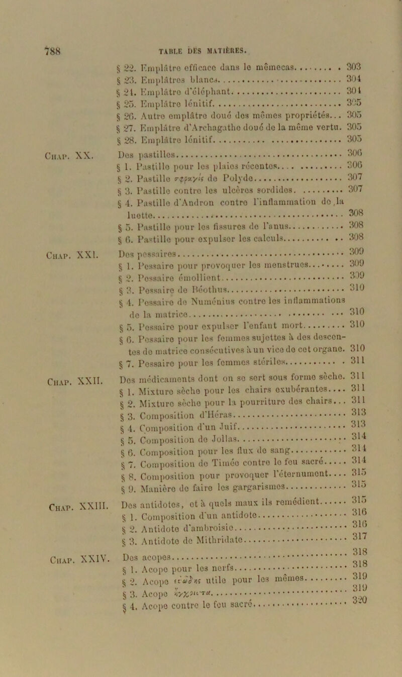 Chap. XX. Chap. XXI. Chap. XXII. Chap. XXIII. Chap. XXIV. § 22. Emplâtre efficace dans le mêmecas 303 §23. Emplâtres blancs 304 §21. Emplâtre d’éléphant 301 § 25. Emplâtre lénitif 3')5 § 20. Autre emplâtre doué dos mêmes propriétés... 305 § 27. Emplâtre d’Archagatho doué de la même vertu. 303 § 28. Emplâtre lénitif 303 Des pastilles 306 § 1. l’astillo pour les plaies récentes.. 306 § 2. Pastille rçpxyU do Polydo 307 § 3. Pastille contre les ulcères sordides 307 § 4. Pastille d’Andron contre l’inflammation do,la luette 308 § 5. Pastille pour les fissures de l’anus 308 § 6. Pa-tillc pour expulser les calculs 308 Des pessaires ^09 § 1. Pcssaire pour provoquer les menstrues... 309 § 2. Pcssaire émollient 309 § 3. Pcssaire do Béothus ’10 § 4. I’essaire do Numénius contrôles inflammations de la matrice 310 § 5. Pcssaire pour expulser l’enfant mort 310 § 0. Pcssaire pour les femmes sujettes à des descen- tes de matrice consécutives à un vice do cet organe. 310 § 7. Possairo pour les femmes stériles 311 Des médicaments dont on se sort sous formo sèche. 311 § 1. Mixture sèche pour les chairs exubérantes § 2. Mixture sèche pour la pourriture dos chairs... § 3. Composition d’Héras § 4. Composition d’un Juif § 5. Composition do Jollas § 6. Composition pour les flux de sang § 7. Composition de Timéo contre le fou sacré § 8. Composition pour provoquer l’éternumont § 9. Manière do faire les gargarismes 311 311 313 313 314 314 314 315 315 Des antidotes, et à quels maux ils remédient § 1. Composition d’un antidote § 2. Antidote d’ambroisie § 3. Antidote de Mithridatc Des acopes § 1. Acopo pour les nerfs § 2. Acopo er&iJ'iif utile pour les memes. .. § 3. Acopo § 4. Acopo contre le feu sacré 315 316 316 317 318 318 319 319 320