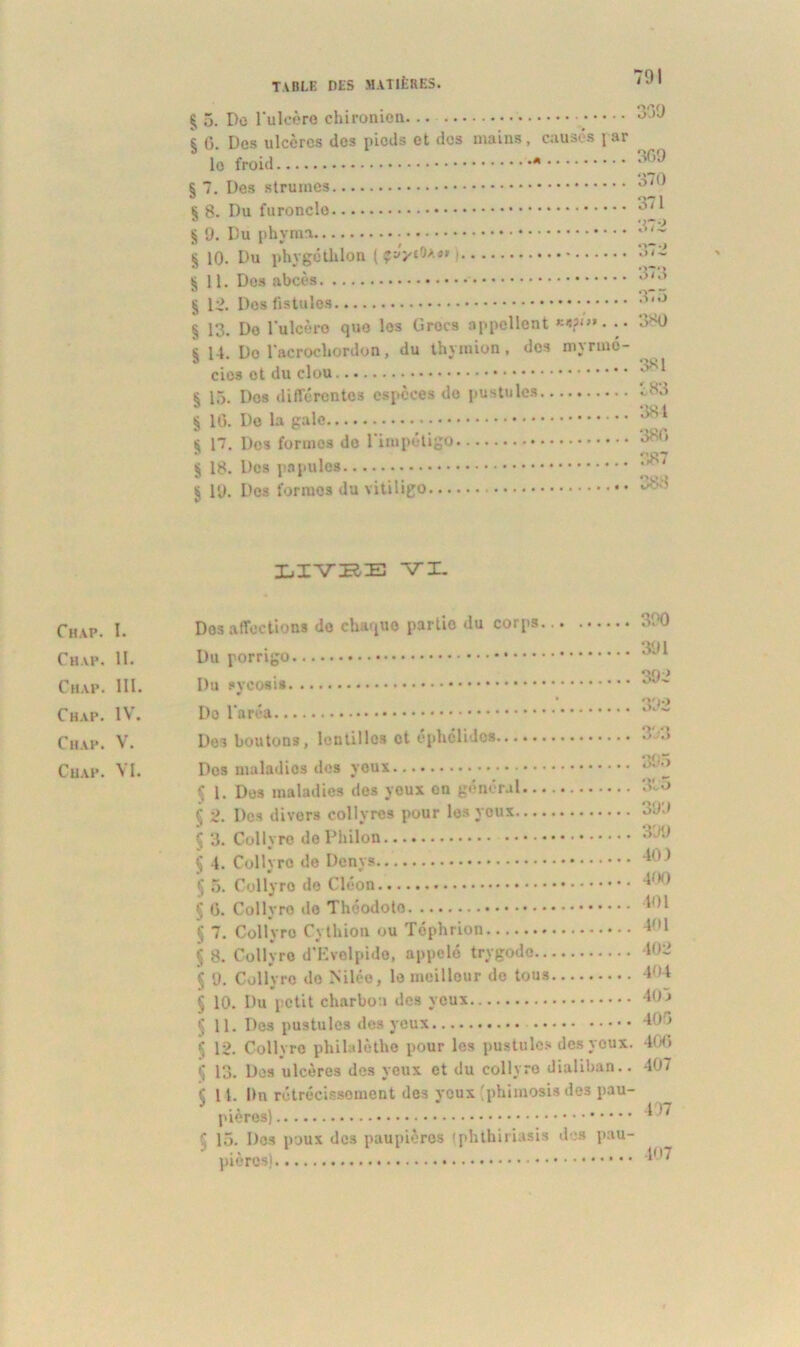 £ 5. Do l’ulcère chironien § G. Dos ulcères des pieds et des mains, causés jar le froid * § 7. Des strumes § 8. Du furoncle § 9. Du phymn § 10. Du phygétlilon ( ç»ViOa«» §11. Des abcès § 12. Dos fistules § 13. De Dulcèro que les Grocs appellent •• § 14. Do l'acrochordon, du thymion, des imrtné- cies et du clou § 15. Des différentes espèces de pustules § 16. De la gale § 17. Des formes do l’impétigo § 18. Des papules § 19. Dos formos du vitiligo 339 3G9 370 371 372 375 380 381 383 384 380 387 388 XjIVjRIE VL Chap. I. Chap. II. Chap. III. Chap. IV. Chap. V. Chap. VI. Des affection* do chaque partie du corps Du porrigo I)u sycosis Do l’aréa Dos boutons, lentilles cl éphelidos 390 391 392 392 333 Dos maladios des yeux ^ § 1. Des maladies des yeux on general 0,0 § 2. Des divers collyres pour les yeux 399 § 3. Collyre dePhilon ^39 § 4. Collyro de Denys 403 § 5. Collyro de Cléon 4,H> § G. Collyro do Théodoto 4ol § 7. Collyro Cythion ou Téphrion 41 § 8. Collyro d'Evelpide, appelé trygodo 402 § 9. Collyre do Nilée, le meilleur do tous 404 § 10. Du petit charbon des yeux 40 •* § 11. Dos pustules des yeux 405 § 12. Collyre philalôthe pour les pustules des yeux. 406 $ 13. Dos ulcères des yeux et du collyre dialiban.. 107 Ç 11. I)n rétrécissement des veux 'phimosis des pau- * * 5 15. Dos poux des paupières (phlhiriasis des pau- pières) 407