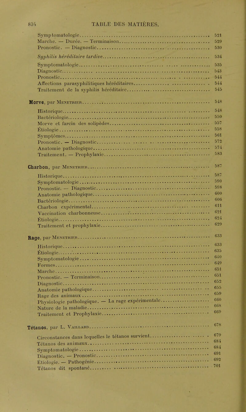 Symptomatologic 521 Marchc. — Durec. —Terminaison 52'J Pronostic. — Diagnostic 530 Syphilis hereditnire tardive 534 Symptomatologie 535 Diagnostic 543 Pronostic 544 Affections parasyphilitiques hdrdditaires 544 Traitement de la syphilis hdreditairc 545 Morve, par MENETniEn 548 Historiquc 548 Bact^riologie 550 Morve ct farcin des solip6des 557 Etiologie 558 Symp tomes 561 Pronostic. — Diagnostic 572 Anatomic pathologique 574 Traitement. — Prophylaxic 583 Charbon, par MENETRiEn 587 Historique 587 Symptomatologie 590 Pronostic. — Diagnostic 598 Anatomic pathologique 600 Bacteriologie Charbon experimental 611 Vaccination charbonneuse 621 fitiologie 624 Traitement et prophylaxie 629 Rage, par MENExniEn 633 Historique Etiologie • Symptomatologie Formes , 651 Marche ; Pronostic. — Tea^minaison 651 Diagnostic Anatomic pathologique 6^^ 659 Rage des anmiaux Physiologic pathologique. — La rage experimentalc 660 Nature de la maladie Traitement et Prophylaxie • 669 T^tanos, par L. VAiLLAim ^'^ Circonstances dans lequelles le tdtanos survient 679 Tdtanos des animaux 684 Symptomatologie Diagnostic. — Pronostic 602 Etiologie. — Pathogdnie » 701 Tetanos dit spontanc