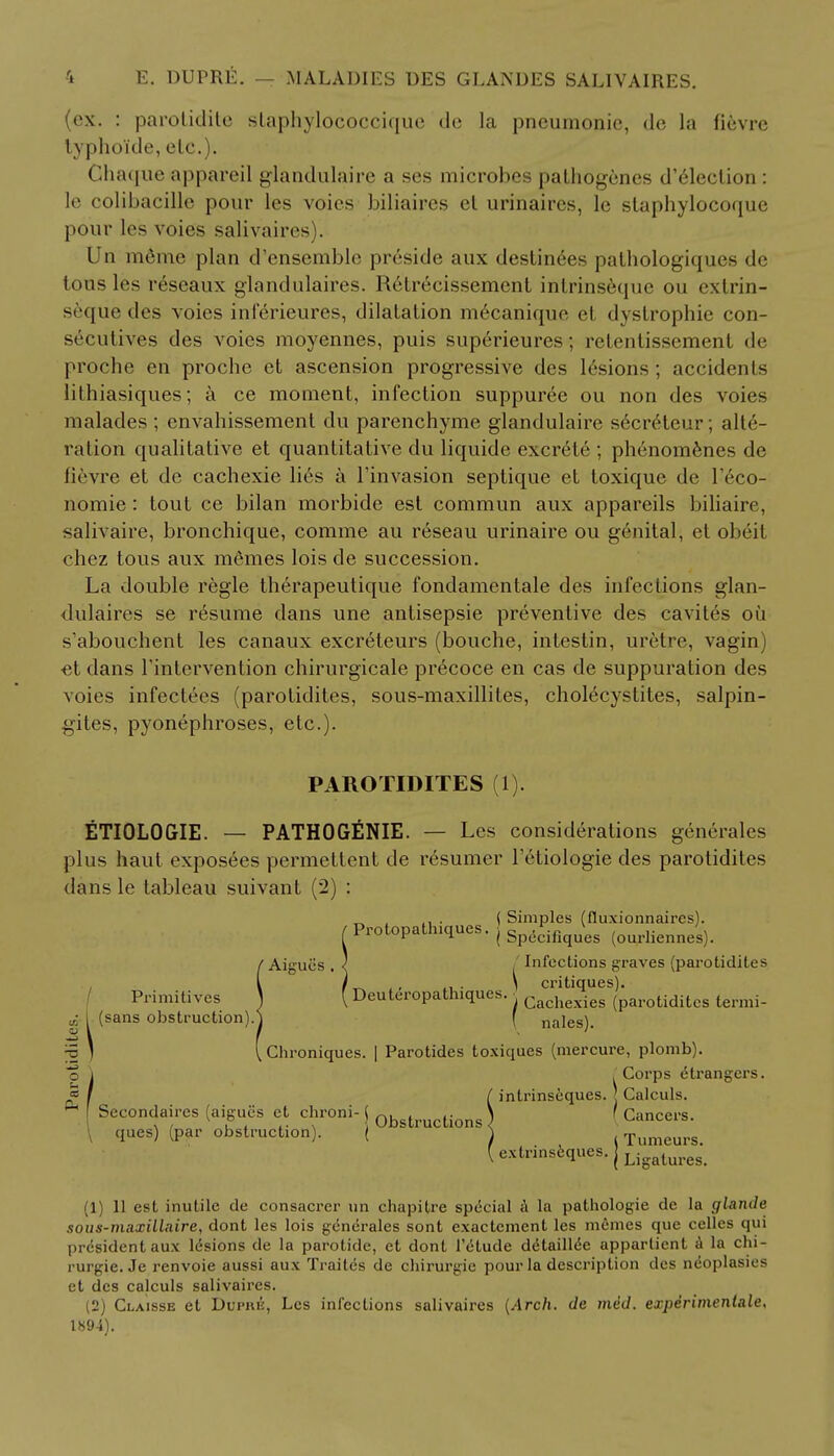 (ex. : parotidite slaphylococciquc de la pneumonic, de la fievre typhoide, etc.). Chaque appareil glandulaire a ses microbes pathogenes detection : [e colibacille pour les voics biliaires et urinaires, le staphylocoque pour les voies salivaires). Un memo plan d'ensemble preside aux destinies pathologiques de tousles reseaux glandulaires. R6trecissement intrinseque ou extrin- seque des voies inlerieures, dilatation mecanique et dystrophic con- secutives des voies moyennes, puis superieures; retentissement de proche en proche et ascension progressive des lesions; accidents lithiasiques; a ce moment, infection suppuree ou non des voies malades ; envahissement du parenchyme glandulaire secreleur; alte- ration qualitative et quantitative du liquide excn-lr ; phenomenes de fievre et de cachexie lies a l'invasion septique et toxique de Teco- nomie: tout ce bilan morbide est commun aux appareils biliaire, salivaire, bronchique, comme au reseau urinaire ou genital, et obeit chez tous aux m6mes lois de succession. La double regie therapeutique fondamentale des infections glan- dulaires se resume dans une antisepsie preventive des cavites ou s'abouchent les canaux excreteurs (bouche, intestin, uretre, vagin) et dans rintervention chirurgicale precoce en cas de suppuration des voies infectees (parotidites, sous-maxillites, cholecystites, salpin- gites, pyonephroses, etc.). PAROTIDITES (1). ETIOLOGIE. — PATHOGENIE. — Les considerations generates plus haut exposees permettent de resumer lVtiologie des parotidites dans le tableau suivant (2) : ^ . ,, . ( Simples (fluxionnaires). /Protopathiques. j Sp(;cifiques (ourlienneS). / Aigues . < ( Infections graves (parotidites I i , , ... \ critiques). Primitives J {Deuleropathiques. ■ Cachexieg (parotidites termi- ^ I (sans obstruction).^ ( nales). — Chroniques. | Parotides toxiques (mercure, plomb). o i .Corps etrangers. S / ( intrinseques. J Calculs. Secondares (aigues et chroni- j obstructions ) ( Cancers- \ ques) (par obstruction). ( ) Tumeurs. ( iumeurs. extrinseques. j Ligature8j (1) 11 est inutile de consacrer un chapitre special a la pathologie de la glands sous-maxillaire, dont les lois generates sont exactement les memes que celles qui president aux tesions de la parotide, et dont l'etude detaillee appartient a la chi- rurgie. Je renvoie aussi aux Ti aites de chirurgie pour la description des neoplasies et des calculs salivaires. (2) Claisse et Dupre, Les infections salivaires (Arch, de med. experimeniale, 1894).