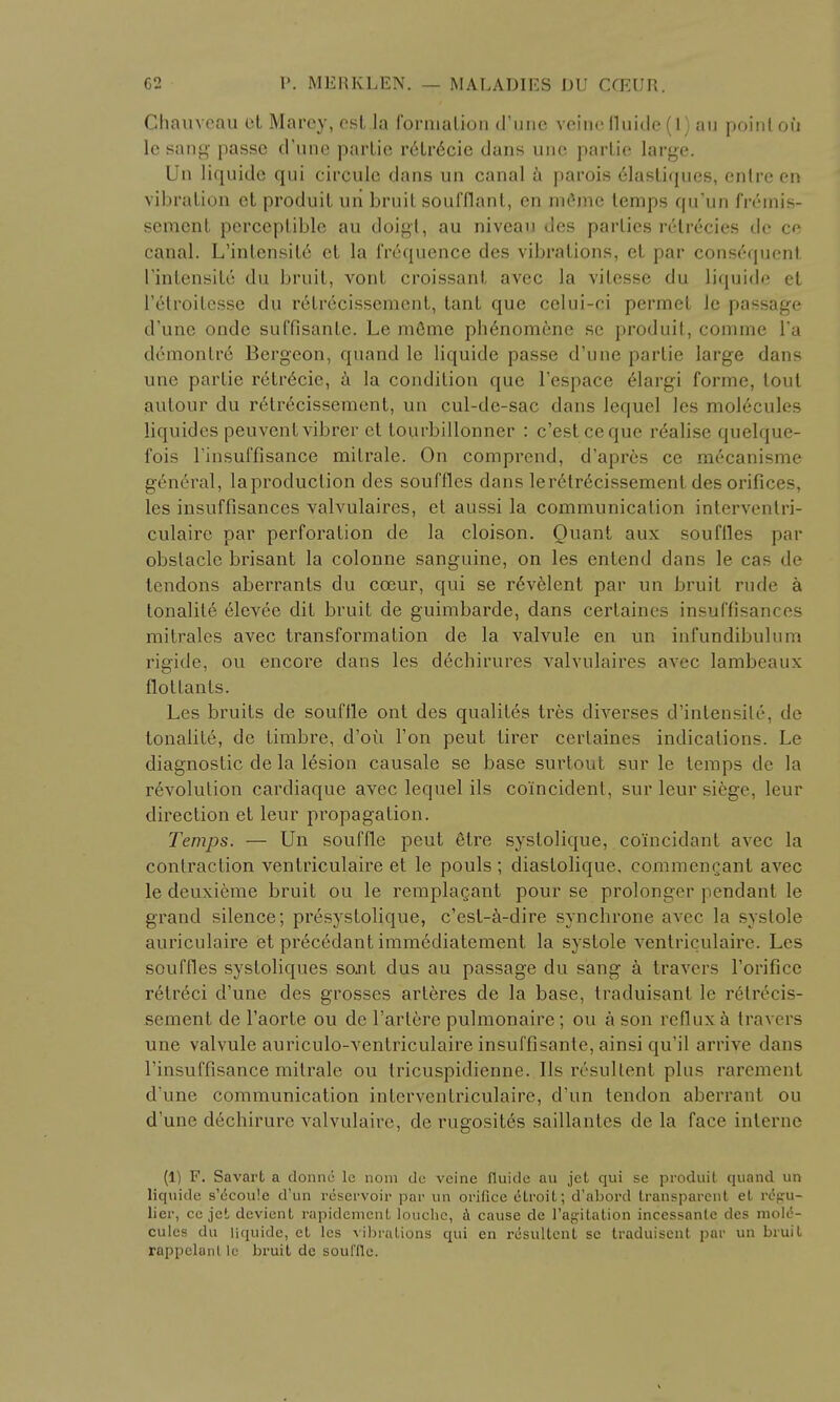 Chauvcau eL Marcy, est la formation d'unc veinefluide(l) an point oil lc sang passe d'une partie relnScie dans une partie large. Un liqui.de qui circule dans un canal a parois 61asliques, enlre en vibration et produit un bruit soufflant, en mOme temps qu'un freinis- seraent perceptible au doigt, au niveau des parlies retrecies de ce canal. L'intensity et la frequence des vibrations, et par consequent L'intensit6 du bruit, vont croissant avec la vilesse du liquide el l'etroilesse du retrecisscment, tant que celui-ci permet le passage d'une onde suffisanle. Le m6me ph6nomene se produit, comme l'a demon Ire Bergeon, quand lc liquide passe d'une partie large dans une partie retr^cie, a la condition que l'espace 61argi forme, tout autour du retr^cissement, un cul-de-sac dans lequel les molecules liquides peuventvibrer et tourbillonner : e'estceque realise quelque- fois rinsuffisance milrale. On comprend, d'apres ce m^canisme general, laproduction des souffles dans Ier6tr6cissement des orifices, les insuffisances valvulaires, et aussi la communication intervenlri- culaire par perforation de la cloison. Quant aux souffles par obstacle brisant la colonne sanguine, on les entend dans le cas de tendons aberrants du cceur, qui se r6velent par un bruit rude a tonalile' 61evee dit bruit de guimbarde, dans certaines insuffisam es mitrales avec transformation de la valvule en un infundibulum rigide, ou encore dans les dechirures valvulaires avec lambeaux flotlants. Les bruits de souffle ont des qualiles tres diverses d'inlensite, de tonalile, de timbre, d'ou Ton peut tirer cerlaines indications. Le diagnostic de la 16sion causale se base surtout sur le temps de la revolution cardiaque avec lequel ils coincident, sur leur siege, leur direction et leur propagation. Temps. — Un souffle peut etre systolique, coincidant avec la contraction ventriculaire et le pouls; diaslolique, eommencant avec le deuxieme bruit ou le remplagant pour se prolonger pendant le grand silence; presystolique, c'esl-a-dire synchrone avec la systole auriculaire et precedant immediatement la systole ventriculaire. Les souffles systoliques sont dus au passage du sang a travcrs l'orificc relreci d'une des grosses arteres de la base, traduisant le retr^cis- sement de l'aorte ou de l'arlcre pulmonaire; ou a son reflux a travcrs une valvule auriculo-ventriculaire insuffisante, ainsi qu'il arrive dans l'insuffisance milrale ou tricuspidienne. Ils lvsullenl plus rarement d'une communication inter ventriculaire, d'un tendon aberrant ou d'une dechirure valvulaire, de rugosit6s saillantes de la face interne (1) F. Savart a donnc le nora de veine fluide an jet qui se produil quand un liquide s'cicoule d'un reservoir par un orifice etroit; d'abord transparent et rdgu- lier, ce jet devient rapidement louche, a cause de l'agitation incessanle des mole- cules du liquide, et les vibrations qui en resultcnt se traduisent par un bruit rappelantle bruit de souffle.