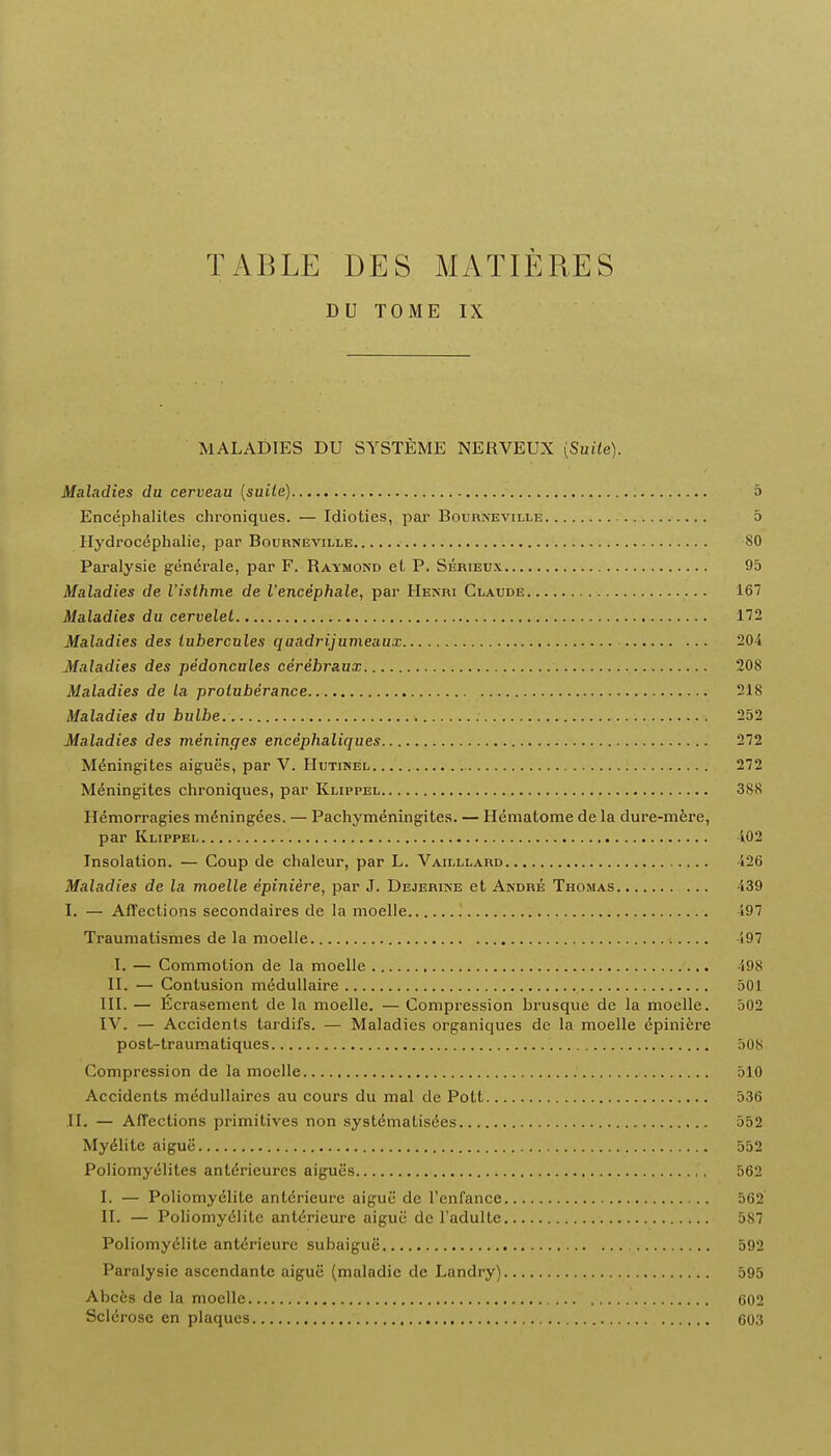 TABLE DES MA TIE RES DU TOME IX MALADIES DU SYSTEME NERVEUX {Suite). Maladies du cerveau {suite) 5 Encephalites chroniques. — Idioties, par Bourneville 5 Hydrocephalic, par Bourneville 80 Paralysie generate, par F. Raymond et P. Serieux 95 Maladies de I'isthme de Vencephale, par Henri Claude 167 Maladies du cervelet 172 Maladies des tubercules quadrijumeaux 204 Maladies des pedoncules cerebraux 208 Maladies de la protuberance 218 Maladies du bulbe 252 Maladies des meninges encephaliques 272 Meningites aigues, par V. Hutinel 272 Mdningites chroniques, par Klippel 388 Hemorragies m^ningees. — Pachymeningites. — Hematome de la dure-mere, par Klippel 402 Insolation. — Coup de chaleur, par L. Vailllard 126 Maladies de la moelle epiniere, par J. Dejerine et Andre Thomas 439 I. — Affections secondaires de la moelle 497 Traumatismes de la moelle 497 I. — Commotion de la moelle 498 II. — Contusion medullaire 501 III. — Ecrasement de la moelle. — Compression brusque de la moelle. 502 IV. — Accidents tardifs. — Maladies organiques de la moelle epiniere post-traumatiques 50S Compression de la moelle 510 Accidents mcdullaires au cours du mal de Pott 536 II. — Affections primitives non systematise^ 552 Myelite aigue 552 Poliomyelites ant^rieurcs aigues 562 I. — Poliomyelite anlcrieure aiguci de l'enfance 562 II. — Poliomyelite anterieure aigue de l'adulte 587 Poliomyelite antdrieurc subaigue 592 Paralysie ascendante aigue (maladie dc Landry) 595 Abces de la moelle 602 Sclerose en plaques 603