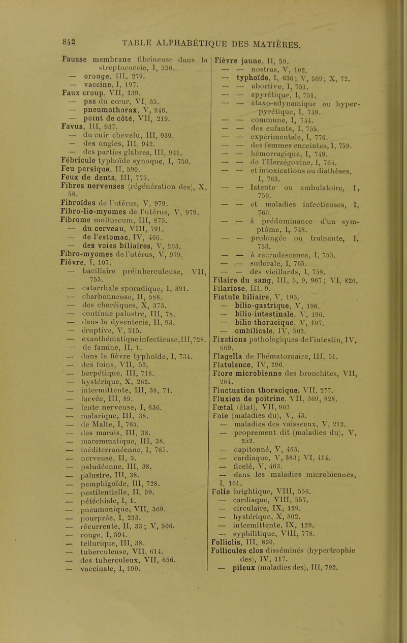 Fausse membrane flbrineuso duns In streplococcie, I, 520. — oronge, HI, 279. — vaccine, I, 197. Faux croup, VII, 139. — pas du cceur, VI, 35. — pneumothorax, Y, 2i6. — point de cote, VII, 219. Favus, III, 937. — du cuir chevelu, III, 939. — des ongles. III, 9i2. — des parties glabres, III, 911. Febricule typhoide synoque, I, 750. Feu persique, II, 590. Feux de dents, III, 775. Fibres nerveuses (regeneration des), X, 58. Fibroides de rutems, V, 979. Fibro-lio-myomes de I'litcrus, V, 979. Fibrome molluscuni, III, 875. — du cerveau, VIII, 791. — fie Testomac, IV, 466. — des voies biliaires, V, 203. Fibro-myomes del'uterus, V, 979. Fievre, I, 107. — bacillaire pretuberculeuse, VII, 753. — catarrhale sporadique, I, 391. — charbonneuse, II, 588. — des choreiques, X, 373. — continue palustre. III, 78. — <Ians la dysenteric, II, 93. — eruptive, V, 515. — exanth^niatiqueinfectieuse,III,728. — de famine, II, 1. — dans la fievre typhoide, I, 73-4. — des foins, VII, 53. — herpetique, III, 718. — liysterique, X, 262. — intermittente. III, 38, 71. — larvee. III, 89. — Icnte nervcuse, I, 630. — malarique. III, 38. — de Malte, I, 765. — des marais, III, 38. — maremmatique. III, 38. — mcditerraneenne, I, 765. — nerveuse, II, 3. — paludeenne, III, 38. — palustre, III, 38. — pemphigoi'de, III, 728. — ])estilentielle, II, 59. — pct6chiale, I, 1. — pneumonique, VII, 369. — pourpree, I, 233. — rccurrente, II, 33 ; V, 506. — rouge, I, 394. — tellurique, III, 38. — tuberculeuse, VII, 614. — des tuberculeux, VII, 656. — vaccinale, I, 190. Fi6vre jaune, II, 59. — — nostras, V, 102. — typhoide, I, 630; V, 509; X, 72. — — abortive, I, 751. — — apyr(5tiquc, I, 751. — — ataxo-adynaniique ou liyj)er pyretique, I, 749. — — commune, I, 744, — — des enl'ants, I, 755. — — expcrimentale, I, 776. — — des fenimes enceintes, I, 759. — — hemorragique, I, 749. — — de rilerzegovine, I, 704. — — et intoxications ou diatheses, I, 763. — — latente ou ambulatoire, I 750. — — ct maladies infectieuscs, I 760. — — a predominance d'un syra- ptome, I, 748. — — prolongce ou trainante, I, 753. — — a recrudescence, I, 753. — ,— sudorale, I, 765. — — des vieillards, I, 758. Filaire du sang. III, 5, 9, 967 ; Y[, 820. Filariose, III, 9. Fistule biliaire, V, 193. — bilio-gastrique, V, 196. — biJio-intestinale, ^', 196. — bilio-thoracique, Y, 197. — ombilicale, lY, 503. Fixations pathologiques del'intestin, IV, 669. Flagella de riiematozoaire. III, 51. Flatulence, IV, 296. Flore microbienne des bronchites, VII, 284. Fluctuation thoracique, \'II, 277. Fluxion de poitrine, \'II, 369, 828. Foetal (ctat), VII, 903 Foie (maladies du), V, 43. — maladies des vaisseaux, \', 212. — proprement dit (maladies du), V, 252. — capitonne, V, 463. — cardiaque, Y, 383; VI, 414. — ficele, Y, 463. — dans les maladies microbiennes, I, 101. Folie brightique, VIII, 556. — cardiaque, VIII, 557. — circulaire, IX, 129. — hysterique, X, 302. — intermittente. IX, 129. — syphilitique, VIII, 778. Folliclis, III, 820. FoUicuIes clos disscmincs (hypertrophic des), IV, 117. — pileux (maladies des), III, 792.