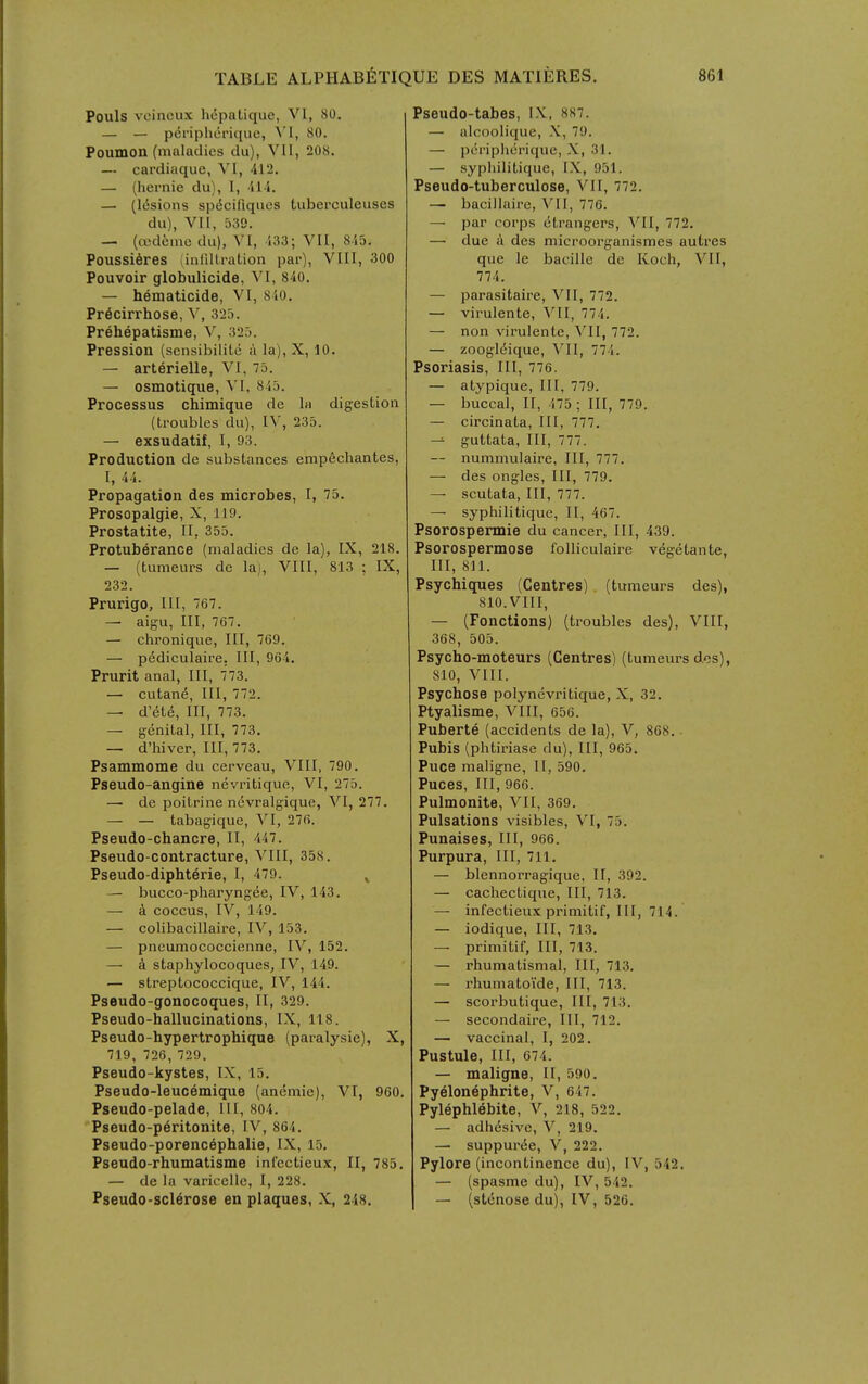 Pouls veincux hepatique, VI, 80. — — periphenquc, \l, 80. Poumon (maladies du), VII, 208. — cardiaque, VI, 412. — (hernie du), I, 414. — (lesions spdcifiqucs tuberculeuses du), VII, 53S. — (cedfeme du), VI, 433; VII, 845. Poiissi^res (inlillration par), VIII, 300 Pouvoir globulicide, VI, 840, — hematicide, VI, 840. Pr6cirrhose, V, 325. Prehepatisme, V, 325. Pression (sensibilite i\ la), X, 10. — arterielle, VI, 75. — osmotique, VI, 845. Processus chimique de la digestion (troubles du), IV, 235. — exsudatif, I, 93. Production de substances empechantes, I, 44. Propagation des microbes, I, 75. Prosopalgie, X, 119. Prostatite, II, 355. Protuberance (maladies de la), IX, 218. — (tumeurs de la), VIII, 813 ; IX, 232. Prurigo, III, 767. — aigu, III, 767. — chronique. III, 769. — pediculaire. Ill, 964. Prurit anal. III, 773. — cutane. III, 772. — d'etd. III, 773. — genital, III, 773. — d'hiver. III, 773. Psammome du cerveau, VIII, 790. Pseudo-angine nevritique, VI, 275. — de poitrine nevralgique, VI, 277. — — tabagique, VI, 276. Pseudo-chancre, II, 447. Pseudo-contracture, VIII, 358. Pseudo-diphterie, I, 479, ^ — bucco-pharyngee, IV, 143. — k coccus, IV, 149. — colibacillaire, IV, 153. — pneumococcienne, IV, 152. — k staphylocoques, IV, 149. — streptococcique, IV, 144. Pseudo-gonocoques, II, 329. Pseudo-hallucinations, IX, 118. Pseudo-hypertrophique (paralysie), X, 719, 726, 729. Pseudo-kystes, IX, 15. Pseudo-leucemique (anemic), VI, 960. Pseudo-pelade, III, 804, Pseudo-peritonite, IV, 864, Pseudo-porencephalie, IX, 15. Pseudo-rhumatisme inl'ectieux, II, 785. — de la variccUe, I, 228. Pseudo-scl^rose en plaques, X, 248. Pseudo-tabes, IX, 8S7. — alcoolique, X, 79. — peripherique, X, 31. — sypliilitique, IX, 951. Pseudo-tuberculose, VII, 772. — bacillaire, VII, 776. — par corps etrangers, VII, 772. — due A des microorganismes autres que le bacille de Koch, VII, 774. — parasitaire, VII, 772. — virulente, VII, 774. — non virulente, N^II, 772. — zoogl6ique, VII, 774. Psoriasis, III, 776. — atypique, III, 779. — buccal, II, 475 ; III, 779. — circinata. III, 777. — guttata, III, 777. — nummulaire. III, 777. — des ongles. III, 779. — scutata. III, 777. — syphilitique, II, 467. Psorospermie du cancer. III, 439. Psorospermose folliculaire vegetante III, 811. Psychiques (Centres) (tumeurs des) 810.VIII, — (Fonctions) (troubles des), VIII 368, 505. Psycho-moteurs (Centres) (tumeurs des) 810, VIII. Psychose polynevritique, X, 32. Ptyalisme, VIII, 656. Puberte (accidents de la), V, 868. • Pubis (phtiinase du). III, 965. Puce maligne, II, 590. Puces, III, 966. Pulmonite, VII, 369. Pulsations visibles, VI, 75. Punaises, III, 966. Purpura, III, 711. — blennorragique, II, 392. — cachectique. III, 713. — infectieux primitif, III, 714. — iodique, III, 713. — primitif, III, 713. — rhumatismal, III, 713. — rhumato'ide. III, 713. — scorbutique. III, 713. — secondaire. III, 712. — vaccinal, I, 202. Pustule, III, 674. — maligne, II, 590. Pyelonephrite, V, 647. Pylephlebite, V, 218, 522. — adhesive, V, 219. — suppurt5e, V, 222. Pylore (incontinence du), IV, 542. — (spasme du), IV, 542. — (stcnose du), IV, 526.