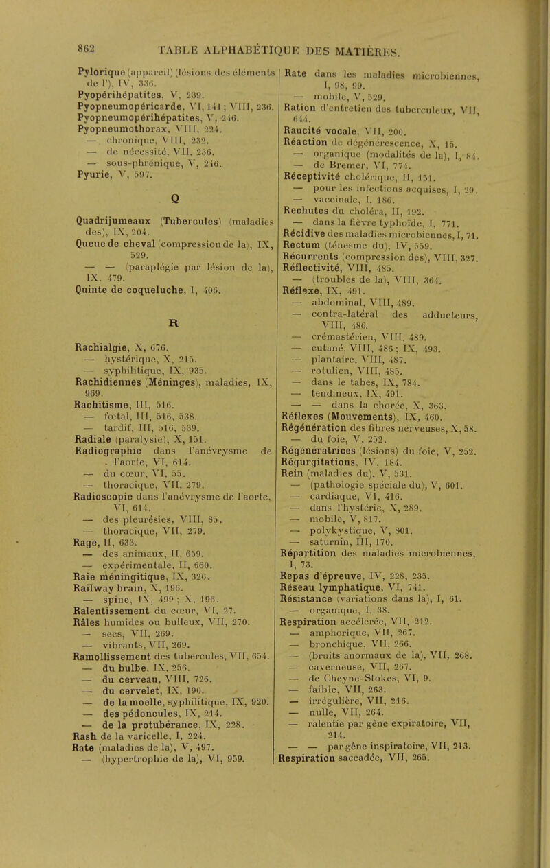 Pyloriqiie (apparcil) (lesions des elements de 1'), IV, 3.5(). Pyop^rihepatites, V, 239. Pyopneumopericarde, VI, 1 il; 236. Pyopneumoperihepatites, V, 2 i6. Pyopneumothorax, \'III, 22i. — cIii-oni<iuc, VIII, 232. — de ndcessilc, VII. 236. — sous-phi'cnique, \, 216. Pyurie, V, 597. Q Quadrijumeaux (Tubercules) (maladies des), IX, 20i. Queue de clieval (compressionde \a\, IX, r)29. — — paraplegic par lesion de la), IX. 479. Quiiite de coqueluche, 1, 106. R Rachialgie, X, 676. — hysterique, X, 215. — syphiliLique, IX, 935. Rachidiennes (Meninges), maladies, IX, 969. Rachitisme, III, 516. — foetal, III, 516, 538. — tardif, III, 516, 539. Radiale (paralysie), X, 151. Radiographie dans I'anevrysme de . I'aorte, VI, 614. — du coeur, VI, 55. — Lhoracique, VII, 279. Radioscopie dans I'anevrysme de I'aorte, VI, 61i. — des pleuresies, VIII, 85. — thoracique, VII, 279. Rage, II, 633. — des animaux, II, 659. — experimentale, II, 660. Raie meningitique, IX, 326. Railway brain, X, 196. — spine, IX, 499 ; X, 196. Ralentissement du cojur, VI, 27. Rales humides ou bulleux, VII, 270. — sees, VII, 269. — vibrants, VII, 269. Ramollissement des tubercules, VII, 654. — du bulbe, IX. 256. — du cerveau, VIII, 726. — du cervelet, IX, 190. — de la moelle, syphilitique, IX, 920. — des pedoncules, LX, 214. — de la protuberance, IX, 228. Rash de la varicelle, I, 224. Rate (maladies de la), V, 497. — (hypertrophic de la), VI, 959, Rate dans les maladies microbiennes, I, 98, 99. — mobile, V, 529. Ration d'entreticn des tuberculeux, VII 644. ' Raucite vocale. 200. Reaction dc de{,^enerescence, X, 15. — organique (modalites de la), I, S4. — de Bremer, VI, 774. R^ceptivite cholerique, II, 151. — pour les infections acquises, I, 29. — vaccinale, I, 186. Rechutes du cholera, II, 192. — dans la fi^vre typho'ide, I, 771. Recidive des maladies microbiennes, I, 71. Rectum (tenesmc du), IV, 559. Recurrents (compression des), VIII, 327 R6flectivite, VIII, 485. — (troubles de la), VIll, 364. Reflfixe, IX, 491. — abdominal, VIII, 489. — contra-lateral des adducteurs, VIII, 486. — cr6mast^rien, VIII, 489. — cutane, VllI, 486 ; IX, 493. — plantaire, ^'III, 487. — rotulien, VIII, 485. — dans le tabes, IX, 784. — tendineux, IX, 491. — — dans la choree, X, 363. Reflexes (Mouvements), IX, 460. Regeneration des fibres nerveuses, X, 58. — du foie, V, 252. Regeneratrices (lesions) du foie, V, 252. Regurgitations, IV, 184. Rein (maladies du), V, 531. — (pathologic speciale du), V, 601. — cardiaque, VI, 416. — dans rhyst6rie„ X, 289. — mobile, V, 817. — polykystique, V, 801. — saturnin, III, 170. Repartition des maladies microbiennes, I, 73. Repas d'epreuve, IV, 228, 235. Reseau lymphatique, VI, 741. Resistance (variations dans la), I, 61. — organique, I, 38. Respiration acccleree, VII, 212. — amphorique, VII, 267. — bronchique, VII, 266. — (bruits anormaux de la), VII, 268. — caverncuse, VII, 267. — de Cheyne-Stokes, VI, 9. — faible, VII, 263. — irreguliferc, VII, 216. — nulle, VII, 264. — ralentie par gene expiratoire, VII, 214. — — par g6nc inspiratoire, VII, 213. Respiration saccadee, VII, 265.