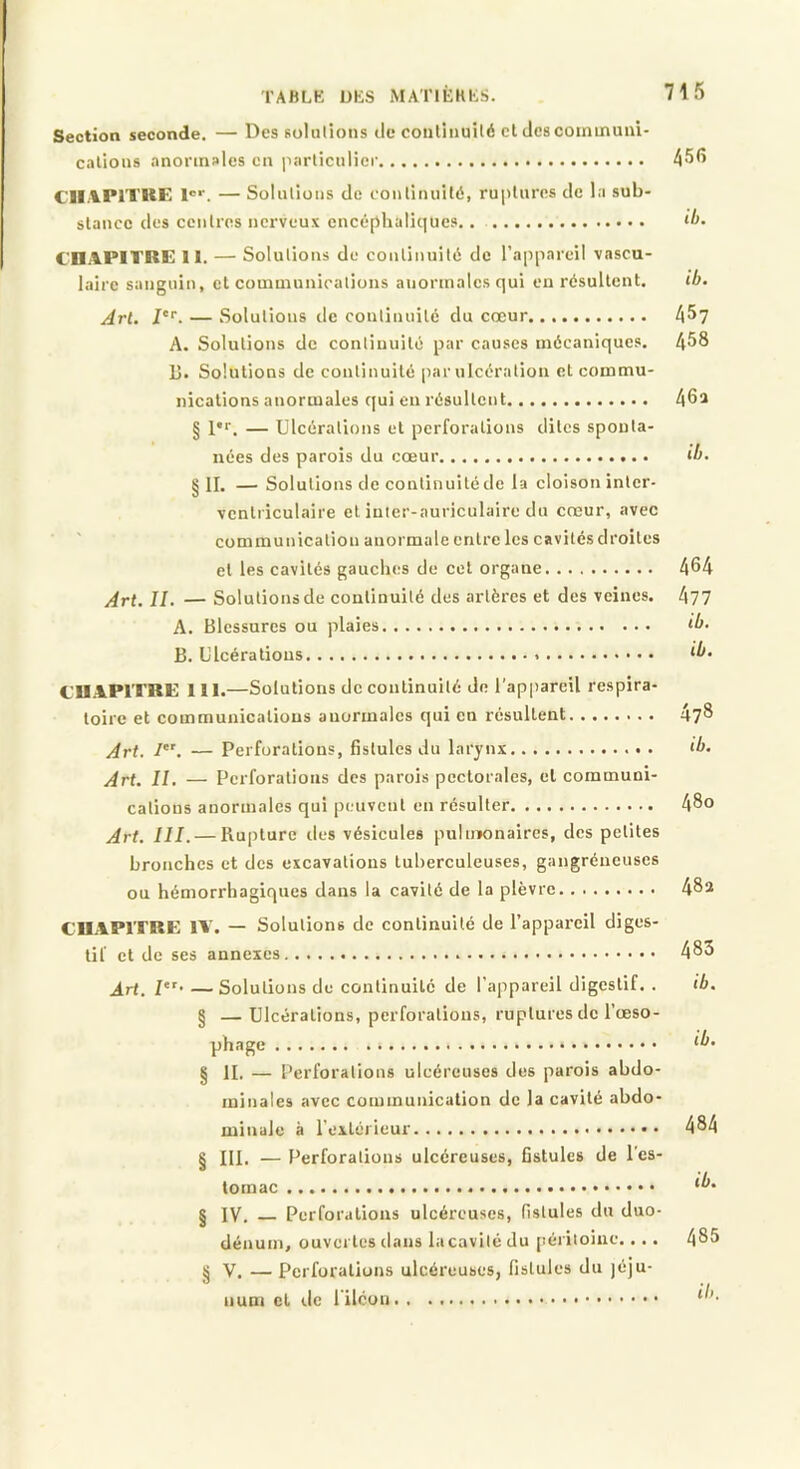 Section seconde. — Des Rolulions de conliuuilé et des coinmuni cations anormales en particulier CIIAPITKE — Solulions de eonlinuitô, ruptures de la sub- stance des centres nerveux encéphaliques *7). CnAPITRK 11. — Solulions de coulinuité de l’appareil vascu- laire sanguin, et communications anormales qui eu résultent. ib. Jrt. /■. — Solutions de continuité du cœur 4^7 A. Solutions de continuité par causes mécaniques. 4^8 13. Solutions de continuité parulcération et commu- nications anormales qui en résultent 46a § l’r. — Ulcérations et perforations dites sponta- nées des parois du cœur ib. §11, — Solulions de continuité de la cloison inter- ventriculaire cl inter-auriculaire du cœur, avec ■ ' communication anormale entre les cavités droites et les cavités gauches de cet organe 464 Art. II. — Solulions de continuité des artères et des veines. 4?7 A. Blessures ou plaies ib. B. Ulcérations ib- CIIAPITRE 111.—Solutions de continuité de l'appareil respira- toire et communications anormales qui en résultent 47^ — Perforations, fistules du larynx ib. ll_ — Perforations des parois pectorales, et communi- cations anormales qui peuvent en résulter 48o Art. III. — Rupture des vésicules puliiKJnaires, des petites bronches et des excavations tuberculeuses, gangréneuses ou hémorrhagiques dans la cavité de la plèvre 48a CHAPITRE IV. — Solulions de continuité de l’appareil diges- tif et de ses annexes 483 j^rt. /'• —Solulions du continuité de l’appareil digestif, . ib. § — Ulcérations, perforations, ruptures de l’œso- phage ii^‘ § H. — Perforations ulcéreuses dus parois abdo- minales avec communication de la cavité abdo- minale à l’extérieur 484 § III. — Perforations ulcéreuses, fistules de l'es- tomac § IV, Perforations ulcéreuses, fistules du duo- dénum, ouvertes dans la cavité du péritoine.... 485 § V. — Perforations ulcéi'euses, fistules du jéju- num et lie l’ilcon