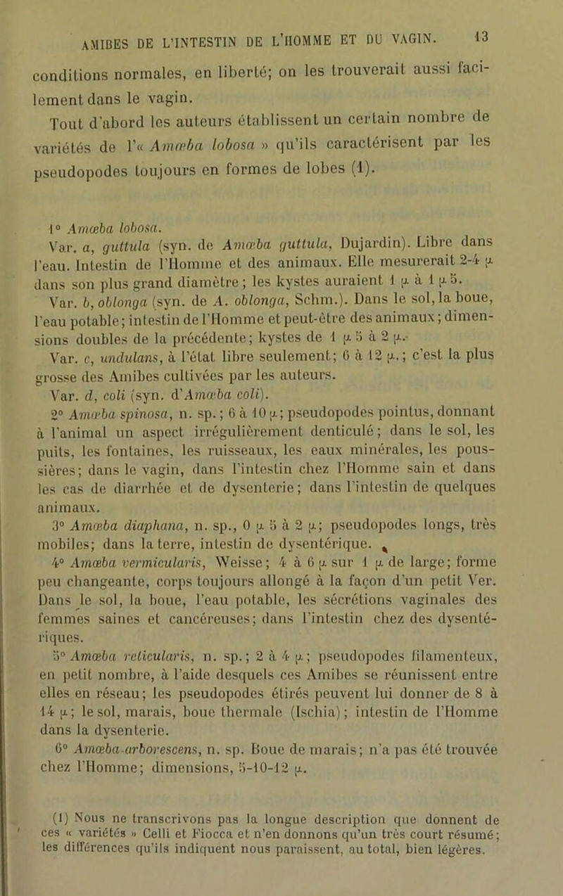 conditions normales, en liberté; on les trouverait aussi faci- lement dans le vagin. Tout d'abord les auteurs établissent un certain nombre de variétés de l’« Amœba lobosa » (ju’ils caractérisent par les pseudopodes toujours en formes de lobes (1). 1° Amœba lobosa. Var. a, guttula (syn. de Amœba 'guttula, Dujardin). Libre dans l'eau. Intestin do l’Homme et des animaux. Elle mesurerait 2-4 g dans son plus grand diamètre; les kystes auraient 1 g à 1 g 5. Var. b,oblonga(syn. de A. oblonga, Schm.). Dans le sol, la boue, l'eau potable; intestin de l'Homme et peut-être des animaux; dimen- sions doubles de la précédente ; kystes de I g a à 2 g. Var. c, undulans, à l’état libre seulement; G à 12 g.; c’est la plus grosse des Amibes cultivées par les auteurs. Var. d, coli (syn. d’Amœba coli). 2° Amœba spinosa, n. sp. ; 6 à 10 a; pseudopodes pointus, donnant à l'animal un aspect irrégulièrement denticulé; dans le sol, les puits, les fontaines, les ruisseaux, les eaux minérales, les pous- sières; dans le vagin, dans l’intestin chez l’Homme sain et dans les cas de diarrhée et de dysenterie; dans l’intestin de quelques animaux. 3° Amœba diaphana, n. sp., 0 g 5 à 2 u.; pseudopodes longs, très mobiles; dans la terre, intestin de dysentérique. % 4° Amœba vermiculai'is, Weisse; 4 à G g sur 1 g de large; forme peu changeante, corps toujours allongé à la façon d'un petit Ver. Dans le sol, la boue, l’eau potable, les sécrétions vaginales des femmes saines et cancéreuses; dans l’intestin chez des dysenté- riques. 3° Amœba rclicularis, n. sp. ; 2 à 4 g; pseudopodes filamenteux, en petit nombre, à l’aide desquels ces Amibes se réunissent entre elles en réseau ; les pseudopodes étirés peuvent lui donner de 8 à 14 g; le sol, marais, boue thermale (Ischia); intestin de l’Ilomme dans la dysenterie. 6° Amœba arborescens, n. sp. Boue de marais; n'a pas été trouvée chez l'Homme; dimensions, 5-10-12 g. (I) Nous ne transcrivons pas la longue description que donnent de ces « variétés » Celli et Fiocca et n’en donnons qu’un très court résumé; les différences qu’ils indiquent nous paraissent, au total, bien légères.