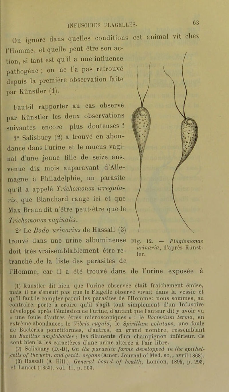 On ignore dans quelles conditions cet animal vit chez l’Homme, et quelle peut être son ac- tion, si tant est qu’il a une influence pathogène; on ne la pas retrouvé depuis la première observation faite par Künstler (1). Faut-il rapporter au cas observé par Künstler les deux observations suivantes encore plus douteuses ? 1 Salisbury (2) a trouvé en abon- dance dans l’urine et le mucus vagi- nal d’une jeune fille de seize ans, venue dix mois auparavant d’Alle- magne à Philadelphie, un parasite qu'il a appelé Trichomonas irregula- ris, que Blanchard range ici et que Max Braun dit n’ètre peut-être que le Trichomonas vaginalis. 2° Le Bodo urinarius de Hassall (3) trouvé dans une urine albumineuse Fig. 12. — Plagiomonas doit très vraisemblablement être re- tranché ,de la lisle des parasites de l’Homme, car il a été trouvé dans de l'urine exposée ‘o • —a urinaria, d’après Künst- ler. (1) Künstler dit bien que l’urine observée était fraîchement émise, mais il ne s’ensuit pas que le Flagellé observé vivait dans la vessie et qu’il faut le compter parmi les parasites de l’Homme; nous sommes, au contraire, porté à croire qu’il s’agit tout simplement d’un Infusoire développé après l’émission de l’urine, d’autant que l’auteur dit y avoir vu « une foule d’autres êtres microscopiques » : le Bacterium termo, en extrême abondance; le Vibrio rur/ula, le Spirilluin volulans, une foule de Bactéries ponctiformes, d’autres, en grand nombre, ressemblant au Bacillus amylobacler; les filaments d’un champignon inférieur. Ce sont bien là les caractères d’une urine altérée à l’air libre. (2) Salisbury (D.-D), On Uie parasitic forms developped in llie epithel- /cells of the urin. and genit. organs (Amer. Journal of Med. sc., avril 1868). (3) llassall (A. llill.), General board of bealth, London, 1895, p. 293, et Lancet (1859), vol. II. p. 503.