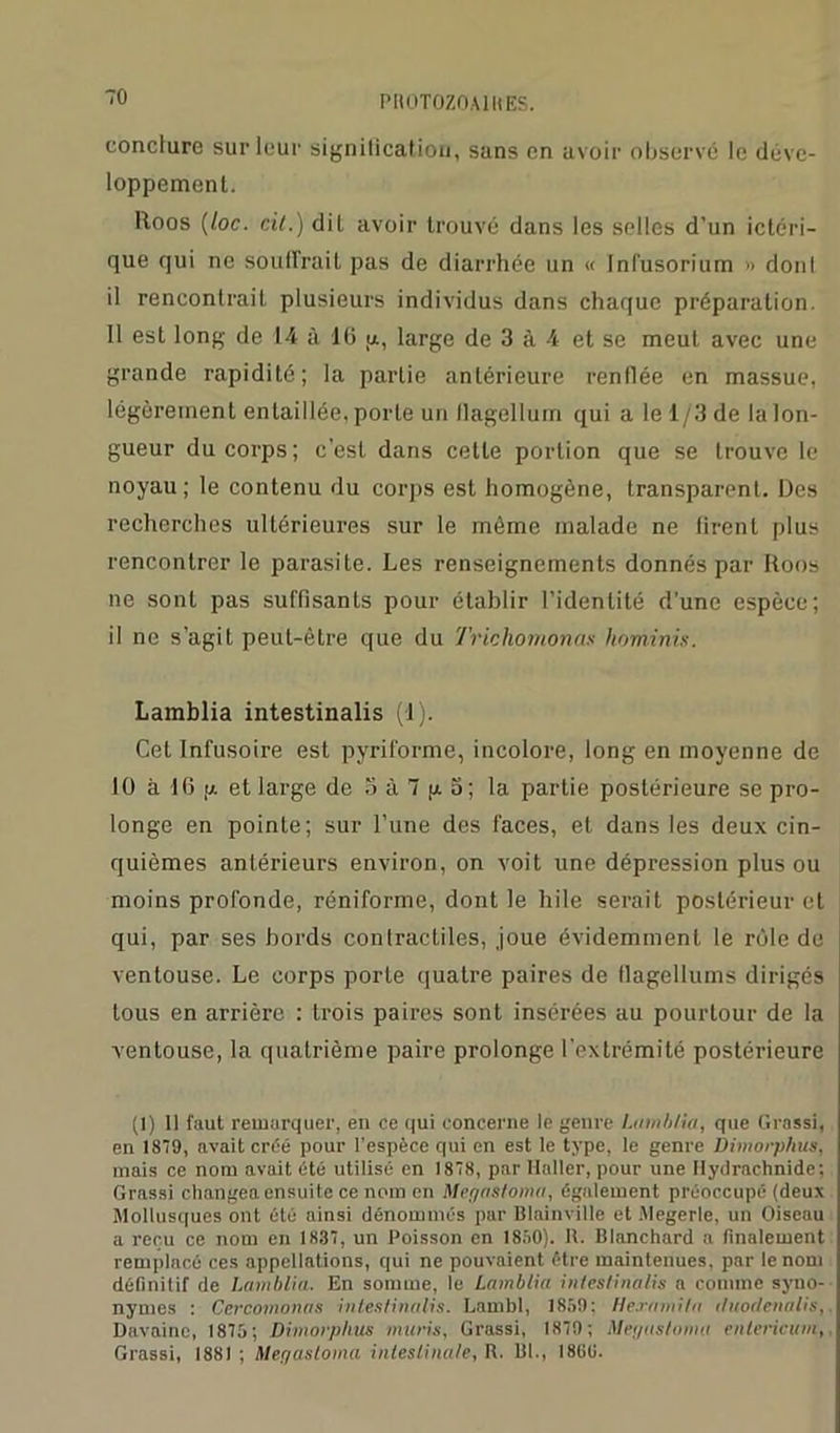PHOTOZOAlIt ES. conclure sur leur signification, sans en avoir observé le déve- loppement. Iloos (loc. cil.) dit avoir trouvé dans les selles d’un ictéri- que qui ne souffrait pas de diarrhée un « Infusorium » donl il rencontrait plusieurs individus dans chaque préparation. 11 est long de 14 à 16 g, large de 3 à 4 et se meut avec une grande rapidité; la partie antérieure renflée en massue, légèrement entaillée, porte un tlagelluin qui a le 1 /3 de la lon- gueur du corps; c'est dans cette portion que se trouve le noyau; le contenu du corps est homogène, transparent. Des recherches ultérieures sur le même malade ne firent plus rencontrer le parasite. Les renseignements donnés par Roos ne sont pas suffisants pour établir l’identité d’une espèce; il ne s’agit peut-être que du Trichomonas hominis. Lamblia intestinalis (1). Cet Infusoire est pyriforme, incolore, long en moyenne de 10 à 16 ij. et large de 5 à 7 g 5; la partie postérieure se pro- longe en pointe; sur l’une des faces, et dans les deux cin- quièmes antérieurs environ, on voit une dépression plus ou moins profonde, réniforme, dont le hile serait postérieur et qui, par ses bords contractiles, joue évidemment le rôle de ventouse. Le corps porte quatre paires de flagellums dirigés tous en arrière : trois paires sont insérées au pourtour de la ventouse, la quatrième paire prolonge l’extrémité postérieure (1) 11 faut remarquer, en ce qui concerne le genre Lamblia, que Grossi, en 1879, avait créé pour l’espèce qui en est le type, le genre Dimorphus, mais ce nom avait été utilisé en 1878, par Haller, pour une Ilydrachnide; Grassi changea ensuite ce nom en Megastoma, également préoccupé (deux Mollusques ont été ainsi dénommés par Blainville et Megerle, un Oiseau a reçu ce nom en 1837, un Poisson en 18.70). II. Blanchard a finalement remplacé ces appellations, qui ne pouvaient être maintenues, par le nom définitif de Lamblia. En somme, le Lamblia intestinalis a comme syno- nymes : Cercomonas intestinalis. Lambl, 1859: Hexamila duodenalis,. Davainc, 1875; Dimorphus mûris, Grassi, 1879; Megastoma eatcricum,, Grassi, 1881 ; Megastoma intestinale, R. Bl., I8GÜ.