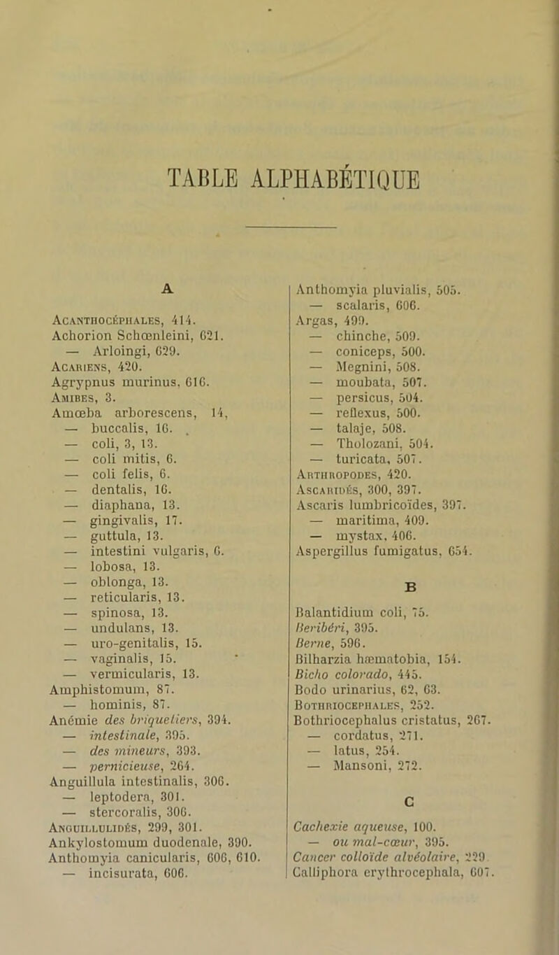TABLE ALPHABETIQUE A Acantbocépiiales, 414. Achorion Schœnleini, G21. — Arloingi, G29. Acariens, 420. Agrypnus murinus, GIG. Amibes, 3. Atnœba arborescens, 14, — buccalis, IG. — coli, 3, 13. — coli mitis, 6. — coli felis, 6. — dentalis, IG. — diaphana, 13. — gingivaiis, 17. — guttula, 13. — intestini vulgaris, G. — lobosa, 13. — oblonga, 13. — reticularis, 13. — spinosa, 13. — undulans, 13. — uro-genitalis, 15. — vaginalis, 15. — vermicularis, 13. Amphistomum, 87. — hominis, 87. Anémie des brigueliers, 394. — intestinale, 395. — des mineurs, 393. — pernicieuse, 264. Anguillula intestinalis, 30G. — leptodera, 301. — stercoralis, 30G. Anguim-ulidés, 299, 301. Ankyloslomum duodenale, 390. Anthomyia canicularis, GOG, CIO. — incisurata, GOG. Anthomyia pluvialis, 505. — scalaris, GOG. Argas, 499. — chinche, 509. — coniceps, 500. — Megnini, 508. — moubata, 507. — persicus, 504. — reflexus, 500. — talaje, 508. — Tholozani, 504. — turicata, 507. Arthropodes, 420. Ascartués, 300, 397. Ascaris lumbricoïdes, 397. — maritima, 409. — mystax. 40G. Aspergillus fnmigatus, G54. B Balantidium coli, 75. tieribéri, 395. Berne, 59G. Bilharzia hæmatobia, 154. Bicho Colorado, 445. Bodo urinarius, 62, G3. Bothriocepiiai.es, 252. Bothriocephalus cristatus, 2G7. — cordatus, 271. — latus, 254. — Mansoni, 272. C Cachexie aqueuse, 100. — ou mal-cœur, 395. Cancer colloïde alvéolaire, 229 Calliphora crylhrocephnla, G07.
