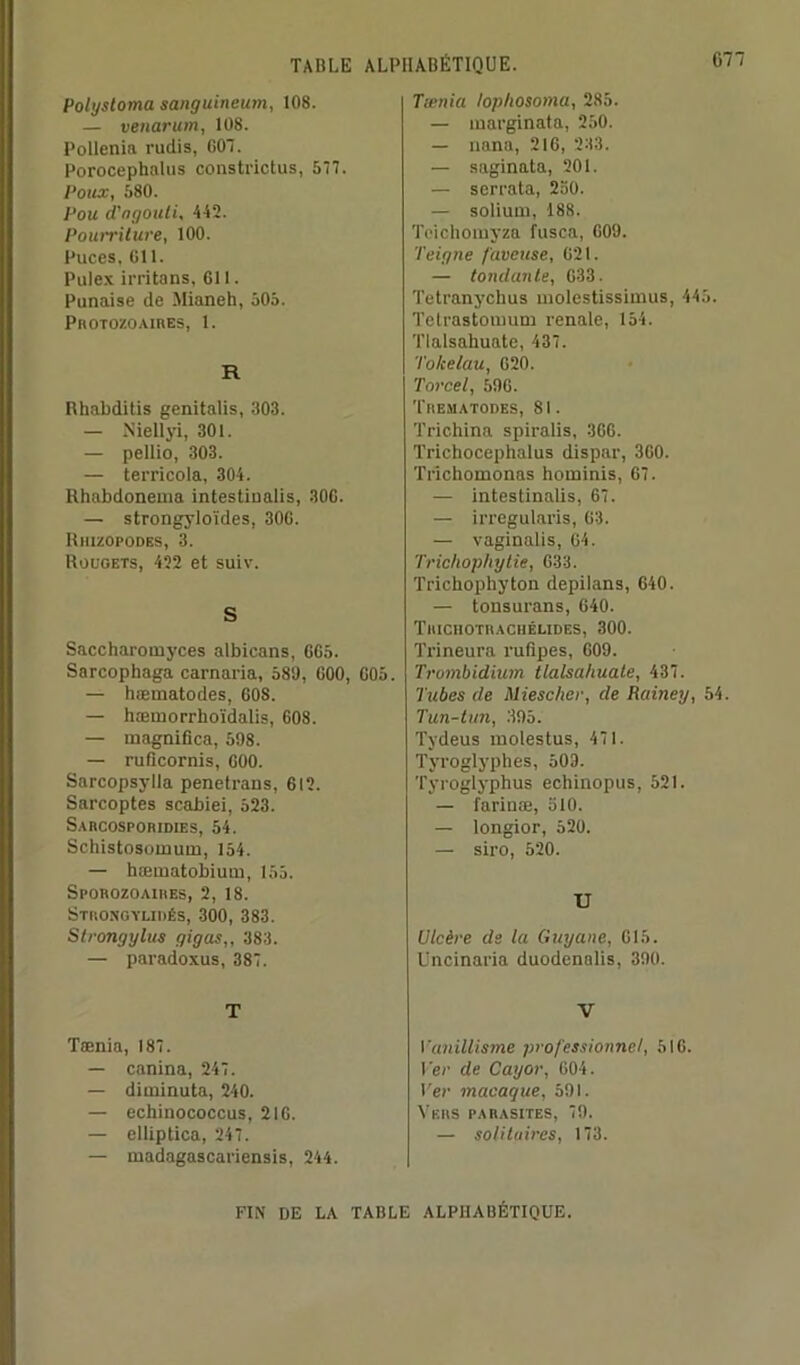 Polystoma sanguineum, 108. — venarum, 108. Pollenia rudis, 007. Porocephalus constrictus, 577. Poux, 580. Pou d'agouti, 442. Pourriture, 100. Puces, 611. Pulex irritans, 611. Punaise de Mianeh, 505. Protozoaires, 1. H Rhabditis genitalis, 303. — Niellyi, 301. — pellio, 303. — terricola, 304. Rhabdoneina intestiualis, 306. — strongyloïdes, 300. Rhizopodes, 3. Rougets, 422 et suiv. S Saccharomyces albicans, 665. Snrcophaga carnaria, 589, 600, 605. — hæmatodes, 608. — hæmorrhoïdalis, 608. — magnifica, 598. — ruficornis, 600. Sarcopsylla penetrans, 612. Sarcoptes scabiei, 523. Sarcosporidies, 54. Schistosomuui, 154. — hæmatobium, 155. Sporozoaihes, 2, 18. Strongylidés, 300, 383. Slrongylus gigas,, 383. — paradoxus, 387. T Tænia, 187. — canina, 247. — diminuta, 240. — echinococcus, 216. — elliptica, 247. — madagascariensis, 244. Tænia lophosoma, 285. — marginata, 250. — nana, 216, 233. — saginata, 201. — serrata, 250. — solium, 188. Teichomyza fusca, 609. Teigne faveuse, 621. — tondante, 633. Tetranychus molestissimus, 445. Telrastomum renale, 154. Tlalsahuate, 437. Tokélau, 620. Torcel, 596. Trematodes, 81. Trichina spiralis, 366. Trichocephalus dispar, 360. Trichomonas hominis, 67. — intestinalis, 67. — irregularis, 63. — vaginalis, 64. Trichophytie, 633. Trichophyton depilans, 640. — tonsurans, 640. Thichotrachélides, 300. Tri neuf a rufîpes, 609. Trombidium tlalsahuate, 437. Tubes de Miescher, de Rainey, 54. Tun-tun, 395. Tydeus molestus, 471. Tyroglyphes, 509. Tyrogiyphus echinopus, 521. — farinæ, 510. — longior, 520. — siro, 520. U Ulcère de la Guyane, G15. Uncinaria duodenalis, 390. V Vanillisme professionnel, 516. Ver de Cayor, 604. Ver macaque, 591. Vers parasites, 79. — solitaires, 173. FIN DE LA TABLE ALPHABÉTIQUE.