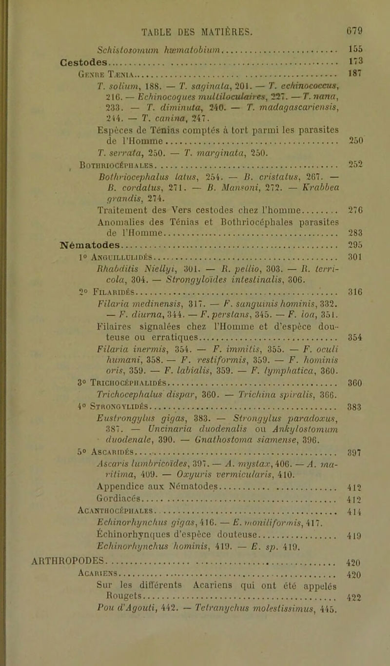 Schislosomum haematobium 155 Cestodes 173 Genre Tænia 187 T. solium, 188. — T. saginata, 201. — T. echinococcus, 21 G. — Echinocoques multiloculaires, 227. — T. nana, 233. — T. diminuta, 240. — T. madagascariensis, 214. — T. canina, 247. Espèces de Ténias comptés à tort parmi les parasites de l’Homme 250 T. serrata, 250. — T. marginata, 250. Bothriocépiiales 252 Bothriocephalus laïus, 254. — II. cristatus, 2G7. — B. cordatus, 271. — B. Mansoni, 272. — Krabbea grandis, 274. Traitement des Vers cestodes chez l’homme 27G Anomalies des Ténias et Bothriocéphales parasites de l’Homme 283 Nématodes 295 1° Anguillolidés 301 Bhabditis Niellyi, 301. — R. pellio, 303. — B. lerri- cola, 304. — Slrongylo'ides inteslinalis, 30G. 2° Filaridés 31G Filaria medinensis, 317. — F. sanguinis hominis, 332. — F. diuma, 344. — F. pensions, 345. — F. loa, 351. Pilaires signalées chez l’Homme et d’espèce dou- teuse ou erratiques 354 Filaria inermis, 354. — F. immitis, 355. — F. oculi humant, 358. — F. restiformis, 359. — F. hominis oris, 359. — F. labialis, 359. — F. lymphatica, 360. 3° Trichocépiialidés 3G0 Trichocephalus dispar, 3G0. — Trichina spiralis, 366. 4° Strongylidés 383 Eustrongylus gigas, 383. — Sirongylus paradoxus, 387. — Uncinaria duodenalis ou Ankylostomum duodenale, 390. — Gnathostoma siamense, 396. 5° Ascarides.... 397 Ascaris lumbricoïdes, 397. — A. myslax, 406. — A. ina- ritima, 409. — Oxyuris vermicu/aris, 410. Appendice aux Nématodes 417 Gordiacés 412 Acanthocéphales. 4i4 Echinorhynchtis gigas, 416. — E. moniliformis, 417. Échinorhynques d’espèce douteuse 419 Echinorhynchus hominis, 419. — E. sp. 419. ARTHROPODES 420 Acariens 420 Sur les difl'érents Acariens qui ont été appelés Rougets 422 Pou d’Agouti, 442. — Tetranychus molestissimus, 445.