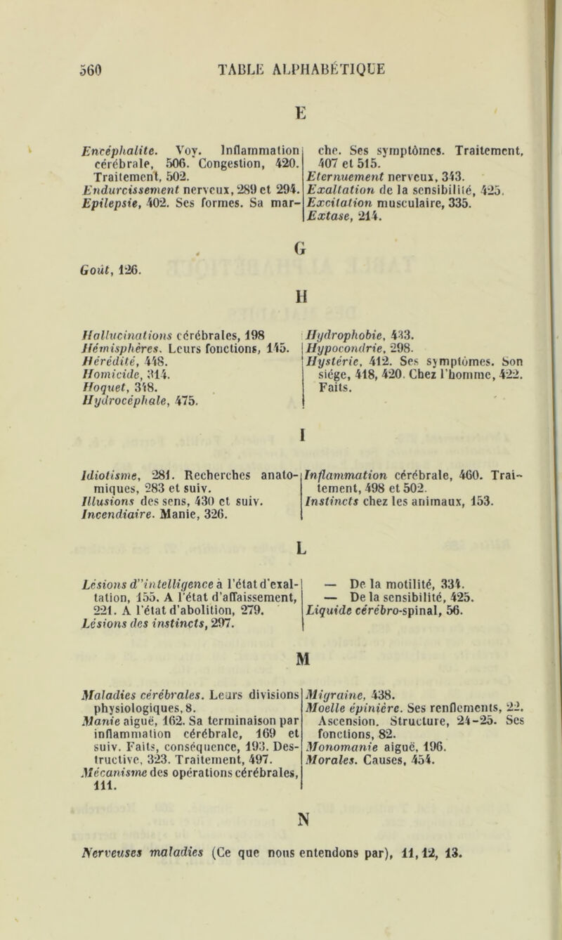 E Encéphalite. Voy. Inflammation cérébrale, 506. Congestion, 420. Traitement, 502. Endurcissement nerveux, 289 et 294. Epilepsie, 402. Scs formes. Sa mar- che. Ses symptômes. Traitement, 407 et 515. Eternuement nerveux, 313. Exaltation de la sensibilité, 425. Excitation musculaire, 335. Extase, 214. Goût, 126. G H Hallucinations cérébrales, 198 Hémisphères. Leurs fonctions, 145. Hérédité, 448. Homicide, 314. Hoquet, 318. Hydrocéphale, 475. Hydrophobie, 433. Hypocondrie, 298. Hystérie, 412. Ses symptômes. Son siège, 418, 420. Chez l’homme, 422. Faits. 1 Idiotisme, 281. Recherches anato- miques, 283 et suiv. Illusions des sens, 430 et suiv. Incendiaire. Manie, 326. Inflammation cérébrale, 460. Trai- tement, 498 et 502. Instincts chez les animaux, 153. L Lésions d”intelligence à l’état d’exal- tation, 155. A l'état d’affaissement, 221. A l’état d’abolition, 279. Lésions des instincts, 297. — De la motilité, 334. — De la sensibilité, 425 Liquide cérébro-spinal, 56. M Maladies cérébrales. Leurs divisions physiologiques, 8. Manie aiguë, 162. Sa terminaison par inflammation cérébrale, 169 et suiv. Faits, conséquence, 193. Des- tructive, 323. Traitement, 497. Mécanisme des opérations cérébrales, 111. Migraine, 438. Moelle épinière. Ses renflements, Ascension. Structure, 24-25. fonctions, 82. Monomanie aiguë, 196. Morales. Causes, 454. 22. Scs N Nerveuses maladies (Ce que nous entendons par), 11,12, 13.