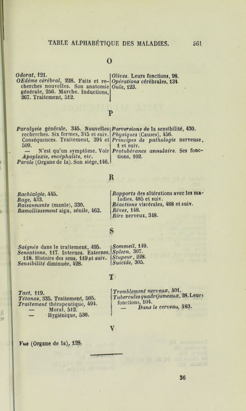 O Odorat, 121. OEdème cérébral, 228. Faits et re- cherches nouvelles. Son anatomie générale, 256. Marche. Inductions, 267. Traitement, 512. Olives. Leurs fonctions, 98. Opérations cérébrales, 131 Ouïe, 123. P Paralysie générale, 345. Nouvelles recherches. Six formes, 3i5 et suiv. Conséquences. Traitement, 394 et 509. — N’est qu’un symptôme. Voir Apoplexie, encéphalite, etc. a I Parole (Organe de la). Son siège, 146. Perversions de la sensibilité, 430. Physiques (Causes), 456. Principes de pathologie nerveuse, 1 et suiv. Protubérance annulaire. Ses fonc- tions, 102. R Rachialgie, 445. Rage, 433. Raisonnante (manie), 330. j. || Ramollissement aigu, sénile, 463. Rapports des altérations avec les ma- ladies. 485 et suiv. Réactions viscérales, 488 et suiv. Rêves, 148. Rire nerveux, 348. S Saignée dans le traitement, 495. Sensations, 117. Internes. Externes, 118. Histoire des sens, 119 et suiv. Sensibilité diminuée, 428. Sommeil, 149. Spleen, 307. Stupeur, 228. Suicide, 305. T Tact, 119. Tétanos, 335. Traitement, 505. Traitement thérapeutique, 494. — Moral, 512. — • Hygiénique, 530. y Vue (Organe de la), 128. Tremblement nerveux, 401. Tubercules quadrijumeaux, 28. Leurs fondions, 104. — Dans le cerveau, 482. 36