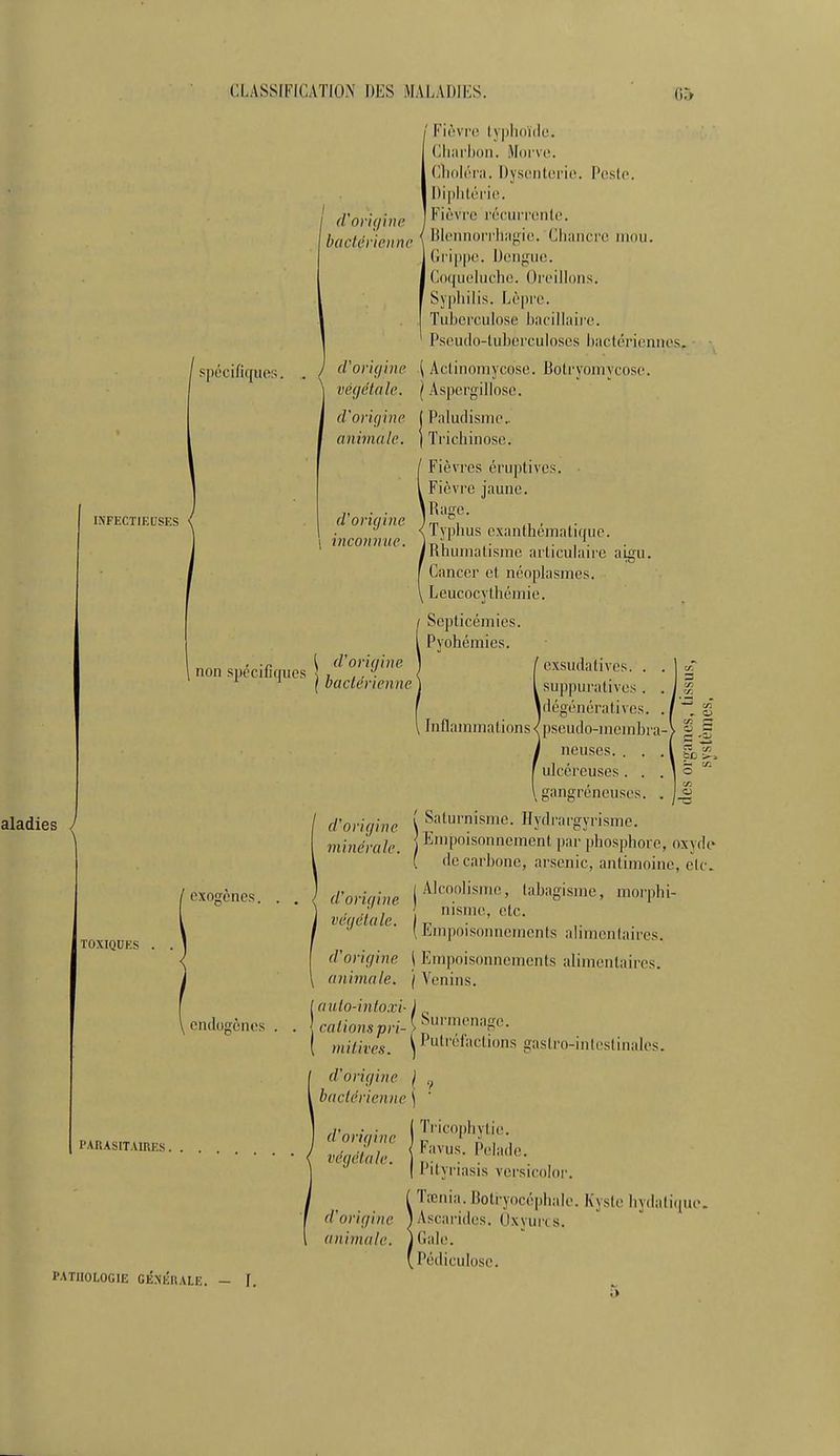 spécifiques. INFECTIEUSES non spécifiques aladies / TOXIQUES d'origine bactérienne Fièvre lyplioïile. Ciiiiriion. Moi v(!. Clioléni. Dysenterie. Peste. Diphtérie. Fièvre récurrente, illeiuiorrliiigie. Cliancrc mou. (lripp(\ Denpiie. C(i(jLieiuclie. Oreillons. Syphilis. Lèpre. Tuherculose bacillaire. Pseudo-tuberculoses bactériennes, d'origine \ Actinomycose. Botryomycose. végétale, l Aspergillosc. d'origine ( Paludisme.. animale. \ Trichinose. Fièvres éruptives. Fièvre jaune. |Rage. Typhus exanthématique. (RhumalisTnc articulaire aigu. Cancer et néoplasmes. Leucocvthémic. d'origine inconnue. \ d'origine \ bactérienne — c/; o endogènes l'AHASlTAmES. d'origine minérale. d'origine végétale. d'origine animale. {auto-intoxi- l calions pri- ( )niHves. d'origine bactérienne d'origine végétale. d'origine animale. PATHOLOGIE GÉNlillALE. — f. Septicémies. Pyohémies. exsudatives. . . suppuratives. . Idégénérativcs. . , Inflammations <(pseudo-membra- neuses. . . . ulcéreuses. . . \gangréneuses. . l Saturnisme. Ilydrargyrisme. j Empoisonnement par phosphore, oxyde ( de carbone, arsenic, antimoine, etc. (Alcoolisme, tabagisme, morphi- nisme, etc. ( Empoisonnements alimentaires. \ Empoisonnements alimentaires. ( Venins. l Surmenage. ^ Putréfactions gastro-intestinales. iTricophylie. Favus. Pelade. Pityriasis vcrsicolor. Trcnia. Boti-yocéphalc. Kyste liydatifiue. ) Ascarides. Oxvurcs. jCale. .Pédiculose.