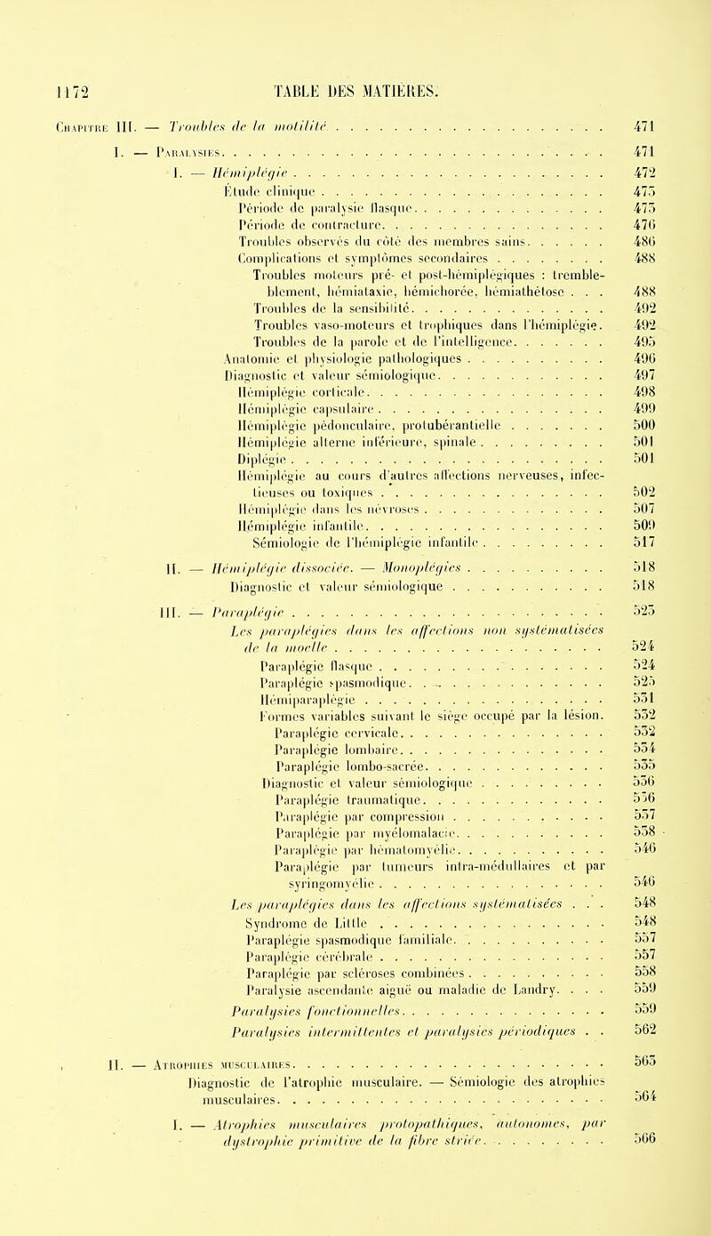 CiiAPiTi\B III. — 'l'ionhlcs tic li( iiiiili/ili'' 471 I. — l'.\ii.M.vsii> 471 I. — Ucniijtirgic 472 Etude clini(iue 47.J Pci'ioilc de piiiiilysie llasqiie 47.> Période de iiiiitraclure 47li Tioulilos observés du côté des membres sains 480 r.om|illcalioiis et symptômes secondaires 488 Troubles moleurs pié- el posl-liémiplégiques : tremble- blement, iiémiataxie, liémiciiorée, liémiathétosc . . . 488 Troubles de la sensibilité 492 Troubles vaso-moteurs et tmpbiques dans l'iiémiplégie. 492 Troubles de la parole et de l'inlelligeuce 495 Analoniie et pliysiologie palliologiques 496 Diagnostic et valeur sémiologiquc 497 Hémiplégie corlieale 498 Hémiplégie eapsulaii'e 499 Hémiplégie pédonculaire. ])rolubérantiellc 500 Hémiplégie alterne iidérirui'c, spinale 501 Diplcgie 501 llémi|>l(''gie au cours d'autres alléetions nerveuses, infec- lirn^es ou to\i(]iies 502 ' lléniipiégir dans les névroses 507 lléniq)légie inlanlile 509 Sémiologie de l'iiémiplégie infantile 517 H. — Ilciniplégit' di!<ftnrlrc. — Monoplcgles 518 Diagnoslic el valeur sémiologiquc 518 111. — Ptiraplct/ir 525 Les iHirii/ilrijii's tliiiis /r\ ii/j'ctlions ii'fii sijsU'fiialisées tir Iti mof'llt' ' 524 Paraplégie llasque 524 Para|dcgic fpasmodique. . - 52.Î llémi|)araplégie 551 Kormes variables suivant le siège occupé par la lésion. 532 Paraplégie cervicale 532 Paraplégie lombaire 534 Paraplégie lombo-sacrée 535 Diagnoslic el valeur sémiologiquc 536 Paraplégie traumalique 5j6 P.iraplégie par compression 537 Paraplégie par myélornalacie 538 ■ Paiaplégie par bémalomyélic 546 Paraplégie par liurleurs inira-niédullaires et par syringomyélie 546 Les paraplégies dans Irs tijj'rclitnix sgslcmalisées . . . 548 Syndrome de Lillle 548 Paraplégie spasmodiqnc familiale. 557 Paraplégie céi-ébrale 557 Paraplégie par scléroses combinées 558 Paralysie ascendanle aiguë ou maladie de Landry. . . . 559 Pai'tih/sirs foiifliiiiiiifllfs 559 PafuIijsifs iiilfi iiiillfiiles t'I paralysies périodiques . . 562 , II. — Aritoi'inES miis<:ci,amu;s 563 Diagnostic de l'atropbie musculaire. — Sémiologie des atrophies musculaires «j^^ I. — Atrophies iiiiist-xlaires /iriiloj/alltit/iies, aiiloiioiiies, par dtjslropliie priiiiHire de la fibre striée 566