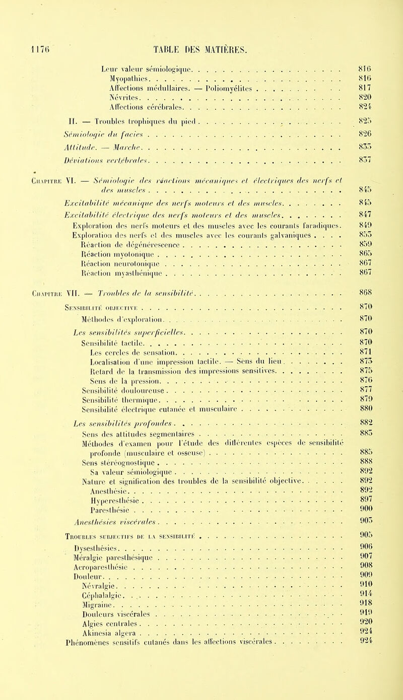 Leur valeur soniiologiquc 816 Myopathies <Sl(i Affections médullaires. —Poliomyélites 817 Névrites 8ii0 Alfeetions cérébrales 821 II. — Troubles Iropliituies du pied 825 Sci)iii)liii/ii- tlii j'itcics 826 Attilufir. — Miiiclic 835 DéviutioitK rrrl.élirfili'x 837 Chapitre VI. — S<'iiiiiil<)gir ilr.i rùtiilloiix iiirciiiii(iiic< cl clcclriqiirs des nerfs et (les muscles 845 Ëxcildhilitc iiiécaniqtie des nerfs moteurs el des ninselcs 8i5 Excitnhililc éleetrique des nerfs moteurs el des muscles 847 Exploration des nerl's moteurs et des muscles avec les courants raradiques. 840 Exploration des nerfs el des muscles avec les courants galvaniques .... 855 Réarlion de dég-énéresccncc 859 Réaction myolonique 865 Réaction neurotonique 867 Réaction myasiliénique 867 Cn.M'lTiti: Vil. — Troubles de l(( soisibilllc 868 SENSIBII.rrK ODJECTIVK 870 Méthodes d'exploration 870 Les sensibililés suj/er/tcielli-s 870 Sensibilité tactile 870 Les cercles de sensation 871 Localisation d'une impression laclile. — Sens du lieu. 875 Retard de la transmission des impressions sensitives 875 Sens de la (iression 870 Sensiliililé douloureuse 877 Sensibilité thermique 8/0 Sensibilité électrique cutanée el musculaii'e • 880 Les sensibililés profondes 882 Sens des attitudes segmentaires 883 Méthodes d'examen pour l'étude des dillérentes espèces de sensibilité profonde (musculaire et osseuse) 885 Sens stéréognostique 888 Sa valeur sémiologiquc 892 Nature et signification des troubles de la sensibilité objective. ..... 892 Anesthésic 892 Hyperesthésie 897 Pareslhésie 000 Anesthésies viscérales 903 Troubles subjectifs de l.\ sensidiliti; 905 Dysesthésies f06 Méralgie paresthésiquc 907 Acroparesthésie 008 Douleur 909 Névralgie 010 Céphalalgie 014 Migraine! . 018 Douleurs viscérales • • 019 Algies centrales 020 Akinesia algera 024 Phénomènes sensilifs cutanés dans les affections viscérales 924