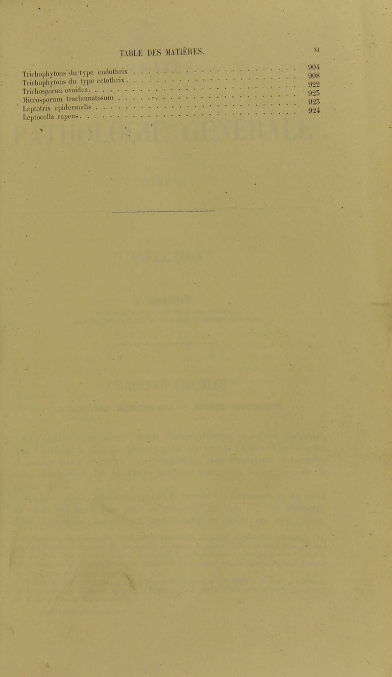 ..... .. 904 Trichophytons du-typa cndotnnx ,)0S Trichophjlohs du type eotothris 922 Trichosporon ovoides. • • • • ^5 Microsporum tracliomatosuni • y~3 heptotrix epidermidis . . . . : ■ ' Leptocolla repéra. 1