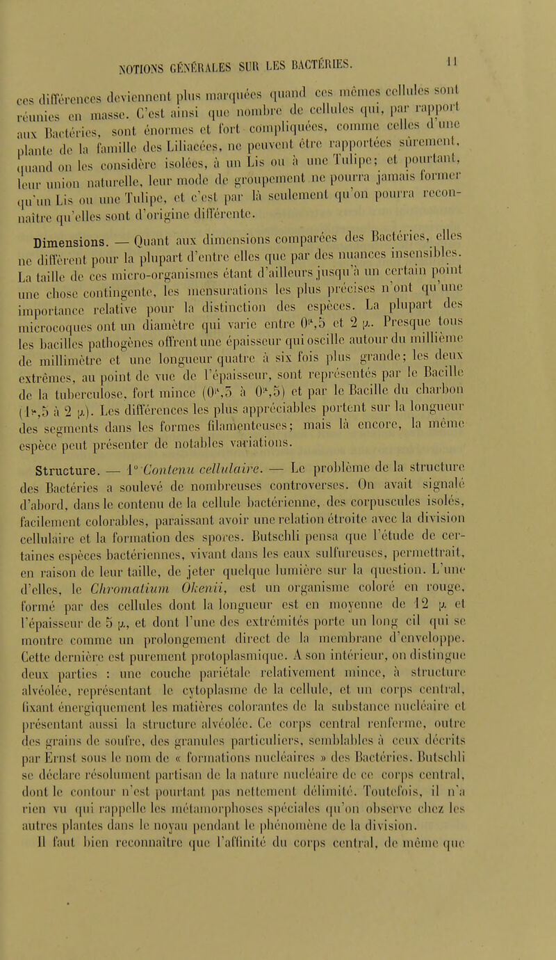 ers différences deviennent plus marquées quand es mêmes cellules son! réunies en masse. C'est ainsi nombre de cellules qm, par rappori aux Bactéries, son! énormes et fort compliquées, comme celles «I nue plante de la famille des Liliacées, ne peuvent être rapportées sûrement, ^uand ()n les considère isolées, à un Lis nu à une Tulipe; et pourtant, leur union naturelle, leur mode do groupement ne pourra jamais Former qu'un Lis nu une Tulipe, et c'est par là seulemenl .pion pourra recon- naître qu'elles sont d'origine différente. Dimensions. — Quant aux dimensions comparées des Bactéries, elles ne diffèrent pour la plupart d'entre elles que par des nuances insensibles. La taille de ees micro-organismes étant d'ailleurs jusqu'à un certain point une chose contingente, les mensurations les plus précises n'ont qu'une importance relative pour la distinction des espèces. La plupart des microcoques ont un diamètre qui varie entre 0>,5 et L2 Presque tous les bacilles pathogènes offrent une épaisseur qui oscille autour du millième de millimètre et une longueur quatre à six fois plus grande; les deux extrêmes, au point de vue de l'épaisseur, sont représentés par le Bacille de la tuberculose, fort mince (0>,3 à 0'%5) et par le Bacille du charbon t K5 à 2 [*). Les différences les plus appréciables portent sur la longueur des'segments dans les formes filamenteuses; mais là encore, la même espèce peut présenter de notables variations. Structure. — 1° Contenu cellulaire. — Le problème de la structure des Bactéries a soulevé de nombreuses controverses. On avait signalé d'abord, dans le contenu delà cellule bactérienne, des corpuscules isolés, facilement colorables, paraissant avoir une relation étroite avec la division cellulaire et la formation des spores. Butschli pensa que l'étude de cer- taines espèces bactériennes, vivant dans les eaux sulfureuses, permettrait, en raison de leur taille, de jeter quelque lumière sur la question. L'une d'elles, le Chrornatium Okenii, est un organisme coloré en rouge, formé par des cellules dont la longueur est en moyenne de 12 \j. et l'épaisseur de 5 \x, et dont l'une des extrémités porte un long cil qui se montre comme un prolongement direct de la membrane d'enveloppe. Cette dernière est purement protoplasmique. A son intérieur, on distingue deux parties : une couche pariétale relativement mince, à structure alvéolée, représentant le cytoplasme de la cellule, et un corps central, fixant énergiquement les matières colorantes de la substance nucléaire cl présentant aussi la structure alvéolée. Ce corps central renferme, outre des grains de soufre, des granules particuliers, semblables à ceux décrits par ËrnsI sous le nom de « formai ions nucléaires » des Bactéries. Butschli se déclare résolument partisan de la nature nucléaire de ce corps central, dont le contour n'est pourtant pas nettemenl délimité. Toutefois, il n'a rien vu qui rappelle les métamorphoses spéciales qu'on observe cbe/ les autres plantes dans le noyau pendant le phénomène de la division. Il faut bien reconnaître que l'affinité du corps central, île même que