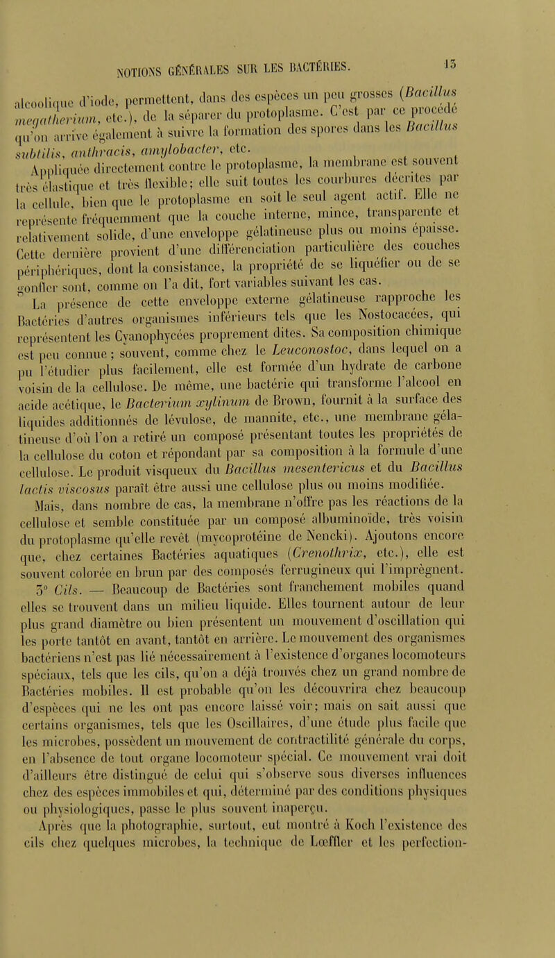 alcoolique d'iode, permettent, dans des espèces un peu grosses (Bacillus ZTTerium, eic, de la séparer du protoplasme. Ces par ce procédé :,,,v, également à suivre la formation des spores dans les /W/,s subtilis, anthracis, amijlobacter, etc. Unliauée directement contre le protoplasme, In n ibrane est souvent très élastique et très flexible; elle suit toutes les courbures décrites par la cenule, bien que le protoplasme en soit le seul agent actif. Elle ne représente fréquemment que la couche interne, mince, transparente et relativement solide, d'une enveloppe gélatineuse plus ou moins épaisse. Gette dernière provient d'une différenciation particulière des couches périphériques, dont la consistance, la propriété de se liquéfier ou de se ^iulcr sont, comme on l'a dit, fort variables suivant les cas. P La présence de cette enveloppe externe gélatineuse rapproche les Bactéries d'autres organismes inférieurs tels que les Nostocacées, qui représentent les Cvanophycées proprement dites. Sa composition chimique est peu connue ; souvent, comme chez le Leuconostoc, dans lequel on a pu l'étudier plus facilement, elle est formée d'un hydrate de carbone voisin de la cellulose. De même, une bactérie qui transforme l'alcool en acide acétique, le Bacterium xylinum de Brown, fournit à la surface des liquides additionnés de lévulose, de mannite, etc., une membrane géla- tineuse d'où l'on a retiré un composé présentant toutes les propriétés de la cellulose du coton et répondant par sa composition à la formule d'une cellulose. Le produit visqueux du Bacillus mesentericus et du Bacillus lactis viscosus paraît être aussi une cellulose plus ou moins modifiée. Mais, dans nombre de cas, la membrane n'offre pas les réactions de la cellulose et semble constituée par un composé albuminoïde, très voisin du protoplasme qu'elle revêt (mycoprotéinc dcNcncki). Ajoutons encore que, chez certaines Bactéries aquatiques {Crenothrix, etc.), elle est souvent colorée en brun par des composés ferrugineux qui l'imprègnent. 50 cns, _ Beaucoup de Bactéries sont franchement mobiles quand elles se trouvent dans un milieu liquide. Elles tournent autour de leur plus grand diamètre ou bien présentent un mouvement d'oscillation qui les porte tantôt en avant, tantôt en arrière. Le mouvement des organismes bactériens n'est pas lié nécessairement à l'existence d'organes locomoteurs spéciaux, tels que les cils, qu'on a déjà trouvés chez un grand nombre de Bactéries mobiles. 11 est probable qu'on les découvrira chez beaucoup d'espèces qui ne les ont pas encore laissé voir; mais on sait aussi que certains organismes, tels que les Oscillaires, d'une étude plus facile que les microbes, possèdent un mouvement de contractilile générale du corps, en l'absence de tout organe locomoteur spécial. Ce mouvement vrai doit d'ailleurs être distingué de celui qui s'observe sous diverses influences chez des espèces immobiles et qui, déterminé par des conditions physiques ou physiologiques, passe le plus souvent inaperçu. A.près que la photographie, surtout, eut montré à Koch l'existence des cils chez quelques microbes, la technique de Lœfller et les perfection-