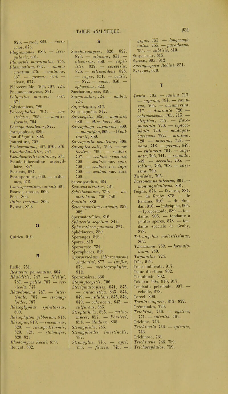 825. — rosé, 822. — vcrsi- color, 875. Plagiomonas, 080. — irre- gularis, 691. Planorbis marginatus, 734. Plasmodiiim, 007. — imma- culatum, 075. — malaria, 007. — pracox, 074. — vivax, 074. Plérocercoïde, 70.), 707, 724. Pncumonomycose, 821. Polymitus malaria, 007, 071. Polystomiens, 729. Porocephalus, 794. — con- striclns, 795. — monili- formis, 794. Porrigo deçalvans, 877. Porrigophyte, 889. Pou d'Agouti, 802. Pourriture, 732. Proteosomum, 007, 070, 070. Pseudorhabditis, 747. Pseudospirilli malaria, 071. Pseùdo-tubèrculose aspergil- laire, 847. Psoriasis, 924. Psorospermies, 000. — ovifor- mes, 078. Psorospermium cuiiiculifiii. Psorospermoses, 000. Puce, 800. Pulex irritans, 800. Pyrosis, 839. Q Quirica, 919. R Rédic, 731. Reduvius personatus, 804. Rhabdilis, 747. — Niellyi, 787. — pcllio, 787. — ter- ricola, 141. Rhabdonema, 747. — intes- tinale, 787. — strongy- loides, 787. Rhizoglyphus spinitarsus, 800! Rhizophyton gibbosum, 814. Rhitopus, 819. — racemosus, 820. — rhisopodiformis, x-ill, 821. — stolonifer, 820, S'il. Rkodomyces Kochi, 839. Rouget, 802. S Saccharomyces, 820, 827, S-2S. — albicans, 851. — atvc/irius, 830. — capî'Z- /////. 822. — cerevisia, 826. — ellipsoideus, 828. — H/V/er, 831'. — ovalis, — 822. — rater, 830. — spharicus, 822. Saccharomycose, 829. Salmo salar, 724. — uinbla, 724. Saprolegnia, 817. Saprolégniées, 817. Sarcocystis, 083. — hominis, 080. — Miescheri, 085. Sarcophaga carnaria, 809. — magnifica, 809. — H'o/f/- /aftrfz, 809. Sarcopsylla penetrans, 806. Sarcoptes cati, 799. — «o- toedres, 799. — scabiei, 797. — scabiei crustosm, 799. — scabiei var. eijrif?', 799. — scabiei var. Zi(y«', 799. — scabiei var. sm?«, 799. Sarcosporidies, 684. Scaurusslriatus, 721. Schistosomum, 730. — Aœ- matobium, 750, 740. Scutula, 889. Sclenosporium culicola, 852, 902. Spermatozoïdes, 810. Sphacelia segetum, 814. Sphxrotlieca pannosa, 827. Sphériacécs, 850. Sporanges, 815. Spores, .815. Sporocyslc, 731. Sporophores, 815. Sporotrichum (Microsporon) Audouini, 877. — fur fur, 875. — mentagrophytes, 912. Sporozoaires, 000. Staph g locys tis, 700. Sterigmatocystis, 841, 843. — antacustica, 845, 844, 849. — nidulans, 843, 845, 849. — ochraceus, 845. — sulfureux, 843. Streptothrix, 835. — actino- myces, 857. — Fôrsteri, 854. — Madurœ, SCS. Strongylida, 715. Strongyloides intestinalis, 787.' Strongylus, 745. — «/>/•/. 755. — filaria, 745. — (•/(V/fl.v, 755. — langevagU iiàtiis, 755. — paradoxus, 755, _ subtilia, 810. Suspenseur, 815. Syoosis, 905, 912. Syringospora Robint, 831. Syzygies, 070. T Tam'a, 703. — canina, 717. — caprina, 794. — cœnw- ras, 705. — cucumerina, 717. _ diminuta, 720. — echinoco'ccus, 705, 713. — elliptica, 717. — /too- punctata, 720. — leptoce- phala, 720. — madagas- cariensis, 722. — minima, 720. — murina, 718. — jîana, 718. — prima, 040. — rhinaria, 794. — sff^'- nafa, 705, 711. —secunda, 049. — serrata, 705. — soZiwm, 705, 708. — vare- si'na, 720. Tteniadx, 703. Tarsoncmus inlectus, 801.— monunguiculosus, 801. Teigne, 874. — faveuse, 884. — de Gruby, 878. — de Panama, 910. — du Sou- dan, 910. — imbriquée, 903. — lycoperdoïde, 889. — ton- dante, 905. — tondante à petites spores, 878. — ton- dante spéciale de Gruby, 878. Tetramjchus molcstissimus, 802. Thecosoma, 750. — hœmalo- bium, 740. Thymallus, 724. Tina, 919. Tinca imbricata, 917. Tique du chien, 802. Tlalsabuale, 802. Tokelau, 904, 910, 917. Tondante pcladoïde, 907. — rebelle, 878. Torcel, 800. Tora/a vulgaris, 812, 822. Trématodes, 729. Trichina, 740. — cystica, 771. — spiralis, 701. Trichine, 740. Trichinella,14G. — spiralis, 710. Trichinose, 701. Trichiurus, 7i(i. 759. Trichoccphalos, 759.