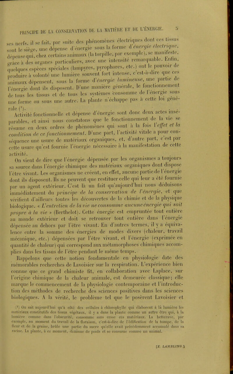 .0. norfs. il se lait, par suito dos pliénomènos olecUi(|uos dont ces tissus .ont le sièj^e, une dépense d'énergie sous la iorme d mn-jyz. electruiue, dépense q.ri, ehez certains animaux (la torpille, par exemple), se rnanifesle. réner.ne dont ils disposent. D'une manière générale, le fonctionnement de tous les tissus et de tous les systèmes consomme de 1 énergie sous une forme ou sous une autre. La plante n'échappe pas à cette loi gene- Activité fonctionnelle et dépense d'énergie sont donc deux actes insé- parables, et ainsi nous constatons que le fonctionnement de la vie se résume en deux ordres de phénomènes qui sont à la fois 1 e(]et et la condition de ce fonctionnemenl. D'une part, l'activité vitale a pour con- séquence une usure de matériaux organiques, et, d'autre part, c'est par cette usure qu'est fournie l'énergie nécessaire h la manifestation de cette 0 ctivitc • On vient de dire que l'énergie dépensée.par les organismes a toujours sa source dans l'énergie chimique des matériaux organiques dont dispose l'être vivant. Les organismes ne créent, en effet, aucune partie de l'énergie dont ils disposent. Ils ne peuvent que restituer celle qui leur a été fournie par un agent extérieur. C'est là un fait qu'aujourd'hui nous déduisons immédiatement du principe de la conservation de rénergie, et que vérifient d'ailleurs toutes les découvertes de la chimie et de la physique biologique. « Ventrelien de la vie ne consomme aucune énergie qui soit propre à la vie » (Berthelot). Cette énergie est empruntée tout entière au monde extérieur et doit se retrouver tout entière dans l'énergie dépensée au dehors par l'être vivant. En d'autres termes, il y a équiva- lence entre la somme des énergies de modes divers (chaleur, travail mécanique, etc.) dépensées par l'être vivant, et l'énergie (exprimée en quantité de chaleur) qui correspond aux métamorphoses chimiques accom- plies dans les tissus de l'être pendant le même temps. Rappelons que cette notion fondamentale en physiologie date des mémorables recherches de Lavoisier sur la rcspii'ation. L'expérience bien connue que ce grand chimiste fit, en collaboration avec Laplace, sui- l'origine chimique de la chaleur animale, est demeurée classique; elle inarque le commencement de la physiologie contemporaine et l'introduc- tion des méthodes de recherche des sciences positives dans les sciences biologiques. A la vérité, le problème tel que le posèrent Lavoisier et '') On sait aujouririiui qu'à côlc des cellules à chlorophylle qui élahorcnl à là lumière les matériaux constitutifs des tissus végétaux, il y a dans la plante comme un autre être qui, à la lumière comme dans l'ohscurilé, consomme sans cesse ces malérianx. La hctterave, par exemple, au moment du travail de la floraison, c'est-ii-ilire de l'édilicalion de la hampe, de la lleur et de la graine, brûle une partie du sucre qu'elle avait précédenuiieni accumulé dans sa racine. La plante, à ce moment, diminue de pouls et se consume comme un animal.