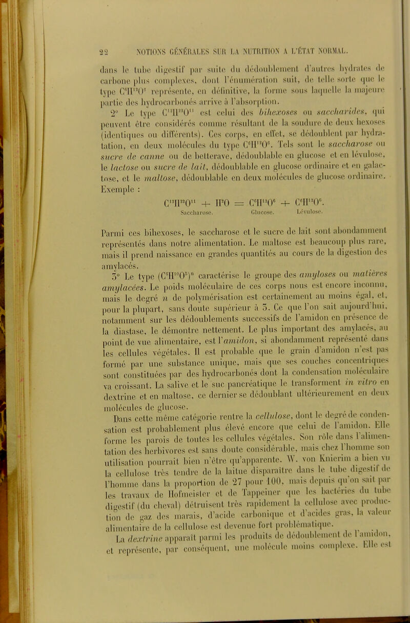 2i2 NOTIONS GIÎNÉRALKS Slllt l>A MiTHITION iV I/PJAT .NOUMAL. dans le liibe tli^cslil par siiilc, du dc'douljli'iiioiU d'autres liydratos de carbone pins complexes, dont l'énumération suit, de telle sorte que le type Cir-D représente, en délinitive, la forme sous lacpielle la majeure [)artic des hydrocarbonés arrive à l'absorption. T Le type C'IP'O est celui des hUiexones ou mccliaruh's, qui peuvent être considéi-és comme résultant de la sondine de deux bexoses (identi(pies ou ditTéi-ents). Ces corps, en ellet. se dédoubliMit |)ar hydni- tation, en deux molécules du type Cir'O. Tels sont le saccharose ou sucre de canne ou de betterave, dédoublablc en glucose et en lévulose, le lactose ou sucre de lait, dédoublable en glucose ordinaire et en galac- tose, et le maltose, dédoublable en deux molécules de glucose ordinaire. Exemple : Q.2JP2QU ^ ipo — çj'\\y^-(j _^ Ç,W(f. Saccharose. Glucose. Lévulose. Parmi ces bibexoses, le saccharose et le sucre de lait sont abondamment représentés dans notre alimentation. Le maltose est beaucoup plus rare, mais il prend naissance en grandes quantités au cours de la digestion des amylacés. 5 Le type (C'H'0') caractérise le groupe des amyloses ou matières amijlacées. Le poids moléculaire de ces corps nous est encore inconnu, mais le degré n de polymérisation est certainement au moins égal, et, pour la plupart, sans doute supérieur à 5. Ce que l'on sait aujourd'hui, notamment sur les dédoublements successifs de l'amidon en présence de la diastase, le démontre nettement. Le plus important des amylacés, au point de vue alimentaire, est Vamidon, si abondamment représenté dans les cellules végétales. 11 est probable que le grain d'amidon n'est pas formé par une substance unique, mais que ses couches concentriques sont constituées par des hydrocarbonés dont la condensation moléculaire va croissant. La salive et le suc pancréatique le transforment in vitro en dextrine et en maltose, ce dernier se dédoublant ultérieurement en deux molécules de glucose. Dans cette même catégorie rentre la cellulose, dont le degré de conden- sation est probablement plus élevé encore que celui de l'amidon. Klle forme les parois de toutes les cellules végétales. Son rôle dans 1 ahmen- tation des herbivores est sans doute considérable, mais chez l homme s(Mi utilisation pourrait l)ien n'être qu'apparente. W. von Knierim a bien vu la cellulose très tendre de la laitue disparaître dans le tube digeslil de l'homme dans la propoHion de 27 pour 100, mais depuis qu on sait par les travaux de Ilofmeisler et de Ta|q)einer que les bactéries du tube digestif (du cheval) détruisent très rapidement la cellulose avec produc- tion de gaz des marais, d'acide carboniipie («t d'acides gras, la valeur alimentaire de la cellulose est devenue fort problématique. La dextrine apparaît parmi les produits de dédoublement de 1 amidon et représente, par conséquent, une molécule moins complexe, hlle (>sl