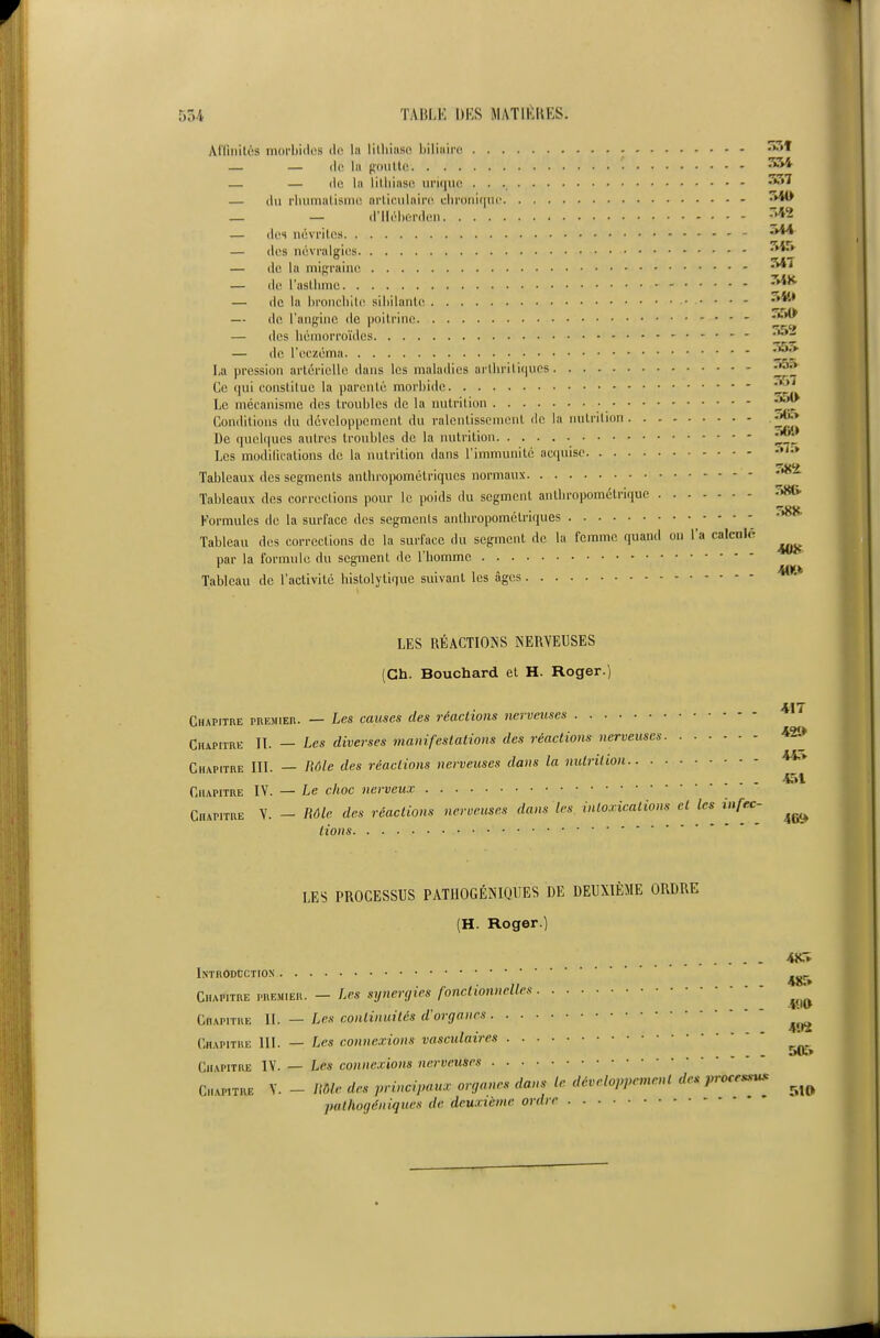 AlliiiilL-s moi-bidus de la litliiaso biliiiii'o - •»^»* — — (le la pouUft — — (le la lithiase iiriijiie — (lu rluimalisme arliculain^ clii'()iii(|iu' •'►W* _ — d'Hiïhûrden — des névrites — des névralgies — de la mig-raine - — de l'aslhme — do la bronchite siliilanle — de l'aiiffinc de poitrine '^'^ — des hémorroïdes — de l'eczéma -f^ La pression artérielle dans les maladies artliriti(|ues -J^-* Ce qui constitue la parenté morbide 'J^' Le mécanisme des Iroidjlcs de la nutrition • Conditions du développement du ralentissement de la nutrition .'J^^ De quelques autres troubles de la nutrition Les modifications de la nutrition dans l'immunité acquise '''^ Tableaux des segments anthropométriques normaux Tableaux dos corrections pour le poids du segment anthropométrique Formules de la surlace des segments anthropométriques Tableau des corrections de la surface du segment de la femme quand on l'a calcnlô ^ par la formule du segment de l'iiomme Tableau de l'activité histolytique suivant les âges LES RÉACTIOÏNS NERVEUSES (Ch. Bouchard et H. Roger. Chapitre piiEMiEn. — Les causes des réactions nerveuses Chapitre IL — Les diverses manifestations des réactions nerveuses Chapitre IIL — Rôle des réactions nerveuses dans la nutrition Chapitre IV. — Le choc nerveux Chapitre V. - Mie des réactions nerveuses dans les intoxications et les infec- lions 41T 42» 451 LES PROCESSUS PATIIOGÉNIQUES DE DEUXIÈME ORDRE (H. Roger.) Introduction Chapitre premier. — Les sijnen/ies fonctionnelles Chapitre II. — Les continuités d'organes Chapitre III. — Les connexions vasculaires Chapitre IV. — Les connexions nerveuses Chapitre V. - Ilôle des principaux organes dans le développement de. procès^ pathogéniques de deuxième ordre 4ja 48r. ■i'iO 402 5(& MO