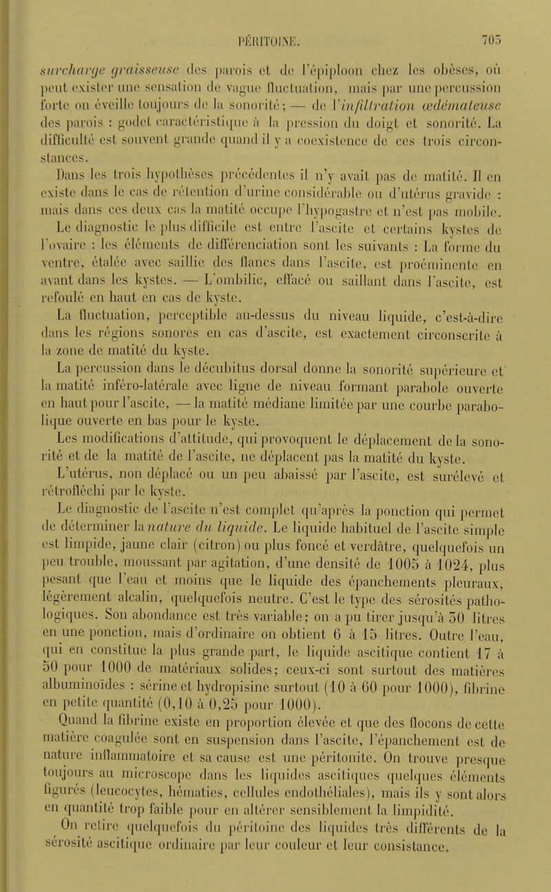 surcharge graisseuse des parois ct dc Lepiploon chez les obeses, ou pent. exister une sensation de vague fluctuation, inais par une percussion forte on evcille toujours de la sonorite; — de Vinfiltration ceddniateuse des parois : godet caracteristiquc a la pression du doigt ct sonorite. La difficulte est sonvent grande quand il y a coexistence de ces trois circon- slances. Dans les trois hypotheses precedcntcs il n’y avail pas dc matite. II cn existe dans le cas de retention d’urinc considerable ou d’uterus gravidc : mais dans ces deux cas la matite occupe Lhypogastre ct n’est pas mobile. Le diagnostic le plus difficile est entre Lascite ct certains kysl.es de l'ovairc : les elements de differenciation sont les suivants : La forme du ventre, ctalee avec saillie des flancs dans l’ascite, est, proerninentc cn avant dans les kystes. — L'ombilic, efface ou saillant dans Lascite, est refoule en haul en cas de kystc. La fluctuation, perceptible au-dessus du niveau liquide, e’est-a-dire dans les regions sonores en cas d’ascite, est exactement circonscrite a la zone de matite du kyste. La percussion dans le decubitus dorsal donne la sonorite superieure et la matite infero-laterale avec ligne de niveau formant parahole ouverte en haut pour Lascite, —la matite mediane limiteepar une courhc parabo- lique ouverte en has pour le kyste. Les modifications d’attitude, qui provoquent le deplacement de la sono- rite et de la matite de Lascite, nc deplacent pas la matite du kyste. L’uterus, non deplace ou un peu abaisse par Lascite, est sureleve ct retroftechi par le kyste. Le diagnostic de Lascite n’est complet qu’apres la ponction qui permet tie determiner la nature du liquide. Le liquide habituel de Lascite simple est limpide, jaune clair (citron) ou plus fonce et verdatre, quelquefois un peu trouble, moussant par agitation, d’unc densite de 1005 a 1024, plus pesant que 1 eau et moins que le liquide des epanchements pleuraux, legerement alcalin, quelquefois neutre. G’est le type des serosites patbo- logiques. Son abondance est fees variable; on a pu tirer jusqu’a 50 litres en une ponction, mais d’ordinaire on obtient 6 a 15 litres. Outre Leau, qui en constitue la plus grande part, le liquide ascitique conlient 17 a 50 pour 1000 de materiaux solidcs; ceux-ci sont surtout des malieres albuminoides : serine et bydropisine surtout (10 a 60 pour 1000), fibrine en petite quantite (0,10 a 0,25 pour 1000). Quand la fibrine existe en proportion elevee et que des (locons de cette matiere coagulee sont en suspension dans Lascite, l’epanchement est dc nature inflammatoire et sa cause est une peritonite. On trouve presque toujours au microscope dans les liquides ascitiques quelques elements figures (leucocytes, hematics, cellules endotheliales), mais ils y sontalors en quantile trop faible pour cn alterer sensiblemcnt la limpidite. On retire quelquefois du peritoine des liquides Ires dillerents de la serosite asciti([uc ordinaire par leur couleur et leur consislance.