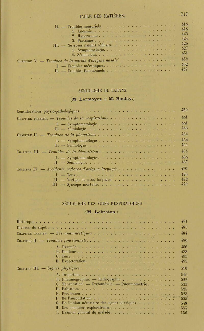 II. — Troubles sensoriels .... 1. Anosmie 2. Hyperosmie 3. Parosmie III. — Nevroses nasales retlexcs. . 1. Symptomalogie. . . • 2. Semiologie Chapitre Y. — Troubles de la parole d'origine nasale 1. — Troubles mecaniqucs. . . . * II. — Troubles fonctionuels . . . 418 418 423 424 420 427 431 432 432 437 SEMIOLOGIE DU LARYNX (M. Lermoyez ct M. Boulay.) Considerations physio-pathologiques 4oJ Chapitre premier. — Troubles de la respiration 441 I. — Symptomatologie Ail II. — Semiologie 416 Chapitre II. — Troubles de la phonation • • 452 I. — Symptomatologie . . . 452 II. — Semiologie 455 Chapitre III. — Troubles de la deglutition 461 1. — Symptomatologie 464 II. — Semiologie 467 Chapitre IV. — Accidents reflexes d'origine lanjngec . .... 470 I. — Toux. 470 II. — Yertige et ictus larynges. . . 472 111. — Syncope mortclle 479 SEMIOLOGIE DES YOIES RESPIRATOIRES -'(M. Lebreton.) llistorique Division du sujet Chapitre premier. — Les anamnestiques Chapitre II. — Troubles fonctionuels A. Dyspnee B. Douleur C. Toux D. Expectoration Chapitre III. — Signes physiques A. Inspection B. Pneumograpilie. — Radiographic C. Mensuration. — Cyrtomelric. — I’ncumometric D. Palpation. . . . E. Percussion F. De l’auscullation G. De l’union necessaire des signes physiques. . . II. Des ponctions exploratriccs I. Examen general du malade 481 483 484 486 480 488 495 495 516 516 522 523 525 528 535 548 555 556