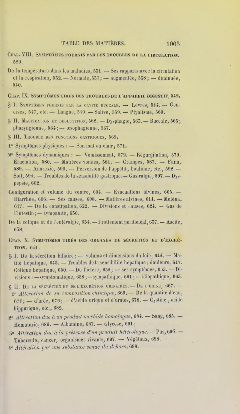 Chap. VIII. Symptômes fournis par les troubles de la circulation. 529. De la température dans les maladies, 551. — Ses rapports avec la circulation et la respiration, 552.— Normale,557; — augmentée, 558 ; — diminuée, 5i0. Chap. IX. Syîuptômes tirés des troubles de l'appareil digestif, 5i2. § I. Symptômes fournis par i.a cavité buccale. — Lèvres, 54i. — Gen- cives, 5i7, etc. — Langue, 5i9. — Salive, 559. — Ptyalisme, 560. S II. Mastication et déglutition, 562. —Dysphagie, 565. — Buccale, 565; pharyngienne, 564;— œsophagienne, 567. § III. Trouble des fonctions gastriques, 569. 1° Symptômes physiques : — Son mat ou clair, 571. 2° Symptômes dynamiques : — Vomissement, 572. — Régurgitation, 579. Éructation, 580. — 31atières vomies, 581. — Crampes, 587. — Faim, 589. — Anorexie, 590. — Perversion de l'appétit, boulimie, etc., 592.— Soif, 59i.. — Troubles de la sensibilité gastrique.— Gastralgie, 597.— Dys- pepsie, 602. Configuration et volume du ventre, 604. — Évacuations alvines, 605. — Diarrhée, 606. — Ses causes, 608. — Matières alvines, 611. —Méléna, 617. — De la constipation, 622. — Divisions et causes, 624. — Gaz de l'intestin;— tympanite, 650. De la colique et del'entéralgie, 654. —Frottement péiitoné^il, 657.— Ascite, 658. Chap. X. Symptômes tirés des orga:\es de sécrétioîv et d'excrê- TIOIV, 6il, § I. De la sécrétion biliaire; — volume et dimensions du foie, 6iâ. — Ma- lité hépatique, 6i5. - Troubles de la sensibilité hépatique; douleurs, 6i7. Colique hépatique, 650. — De l'ictère, 652; — ses symptômes, 655. — Di- visions : —symplomatique, 658;—sympathique, 661 ; —idiopathique, 665 § II. De la sécrétion et de l'excrétion urinaires. — De i.'urine, 667. — 1° Altération de sa composition chimique, De la quantité d'eau 674^ — d'urée, 676; — d'acide uriquc et d'urates, 678. — Cystine , acid( hippurique, etc., 682. 2° Altération due à un produit morbide homologue, 684. — Sang, 685. — Hématurie, 686. — Albumine, 687. — Glycose, 691 ; S* Altération due à la présence d'un produit hétérologue. — Pus, 096.- Tubercule, cancer, organismes vivants, 697. — Végétaux, 698. i Altération par u7ie substance venue du dehors, 698.