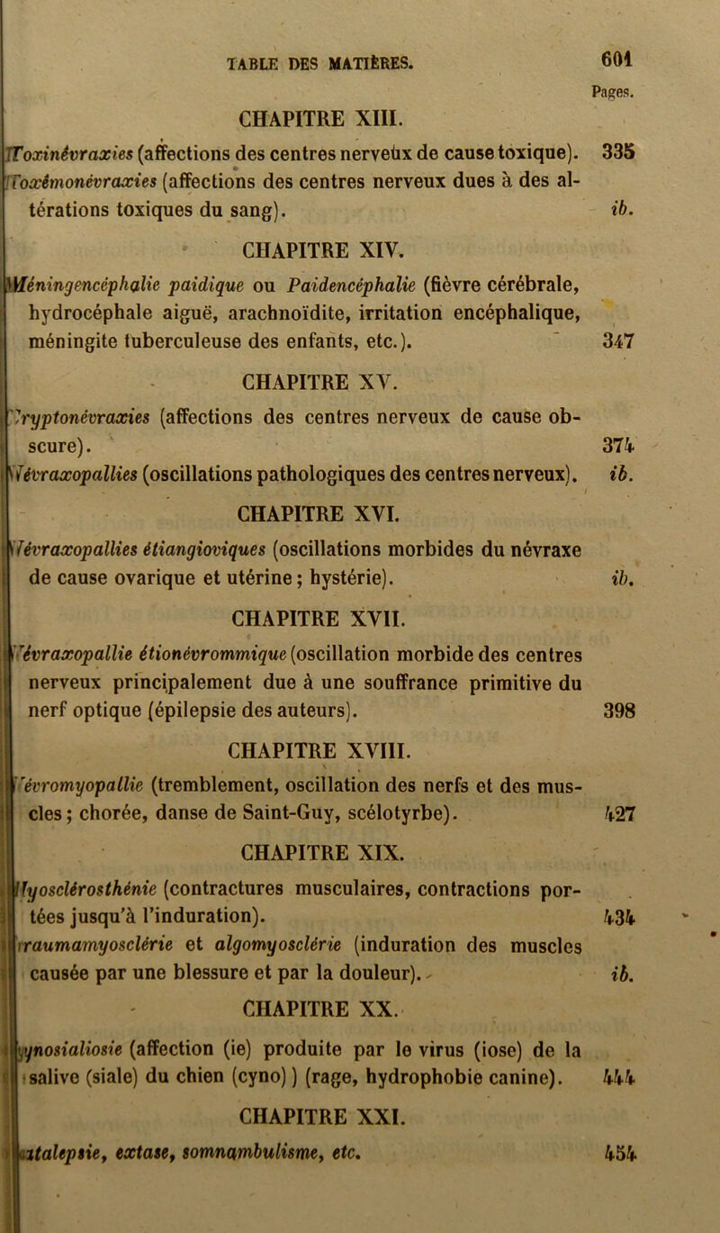 CHAPITRE XIII. 601 Pages. TToxinêvraxies (affections des centres nerveüx de cause toxique). 335 •Voœêmonévraxies (affections des centres nerveux dues à des al- térations toxiques du sang). - ib. ' CHAPITRE XIV. Wéningencéphalie paidique ou Paidencéphalie (fièvre cérébrale, hydrocéphale aiguë, arachnoïdite, irritation encéphalique, méningite tuberculeuse des enfants, etc.). ‘ 347 I CHAPITRE XV. I ''Jryptonévraxies (affections des centres nerveux de cause ob- \ scure). 374- j Siévraxopallies (oscillations pathologiques des centres nerveux), ib. - CHAPITRE XVI. \Uévraxopallies étîangioviques (oscillations morbides du névraxe I de cause ovarique et utérine; hystérie). ib, i CHAPITRE XVII. 1 iïévraxopallie étionévrommique (oscillation morbide des centres nerveux principalement due à une souffrance primitive du ' nerf optique (épilepsie des auteurs). 398 CHAPITRE XVIII. j i'évromyopallie (tremblement, oscillation des nerfs et des mus- I des; chorée, danse de Saint-Guy, scélotyrbe). I CHAPITRE XIX. \yoscUrasthénie (contractures musculaires, contractions por- tées jusqu'à l’induration). raumamyoscUrie et algomyosclérie (induration des muscles causée par une blessure et par la douleur). - CHAPITRE XX. { yqnosialiosie (affection (ie) produite par le virus (iose) de la il 'salive (siale) du chien (cyno) ) (rage, hydrophobie canine). CHAPITRE XXI. i ntaUpsUf extase, somnambulisme, etc. .1 434. ib. 444 454 ] ■* I