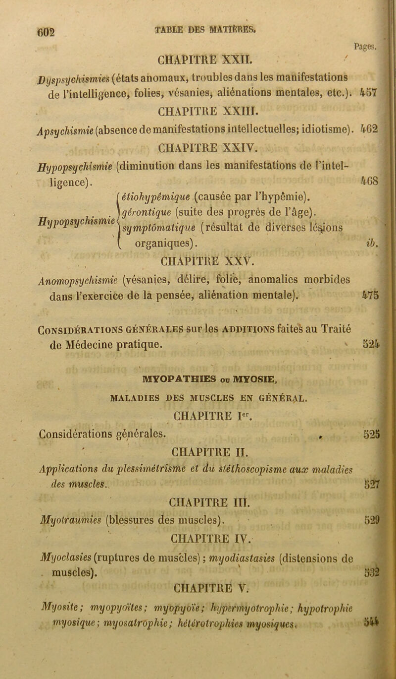f)02 Pages, CHAPITRË XXÏÏ. J)ijs2ysychismies (étals anomaux, troubles dans les manifestations de l’intelligence, folies, vésanies^ aliénations mentales, etc.). 457 CHAPITRE XXIII. Apsychismie (absence de manifestations intellectuelles; idiotisme). 462 CHAPITRE XXIV. Hypopsychismie (diminution dans les manifestations de l’intel- ligence). 468 iétiohypêmique (causée par l’hypêmie). gérontique (suite des progrès de l’âge). ^yP^P^y^'^^^^^^Ssymptômatiqu^ ^résultat de diverses lésons ( organiques). ib. CHAPITRE XXV. Anomopsychismie (vésanies, délire, folie, anomalies morbides dans l’exercice de la pensée, aliénation mentale). 475 Considérations générales sur les additions faiteà au Traité de Médecine pratique. ' 524 MYOPATHIES oo MYOSIE, * MALADIES DES MUSCLES EN GÉNÉRAL. CHAPITRE Considérations générales. , 525 CHAPITRE II. Applications du plessimétrisme et du stéthoscopisme aux maladies des muscles.. - 527 CHAPITRE III. Myoiraumies (blessures des muscles). 529 CHAPITRE IV. Myoclasies (ruptures de muscles) ; myodiastasies (distensions de . muscles). 532 CHAPITRE V. Myosite; my opy dites ; myopydîe; hypermyotrophie ; hypotrophie myosique ; myosatrophie ; hélérotrophies myosiques,