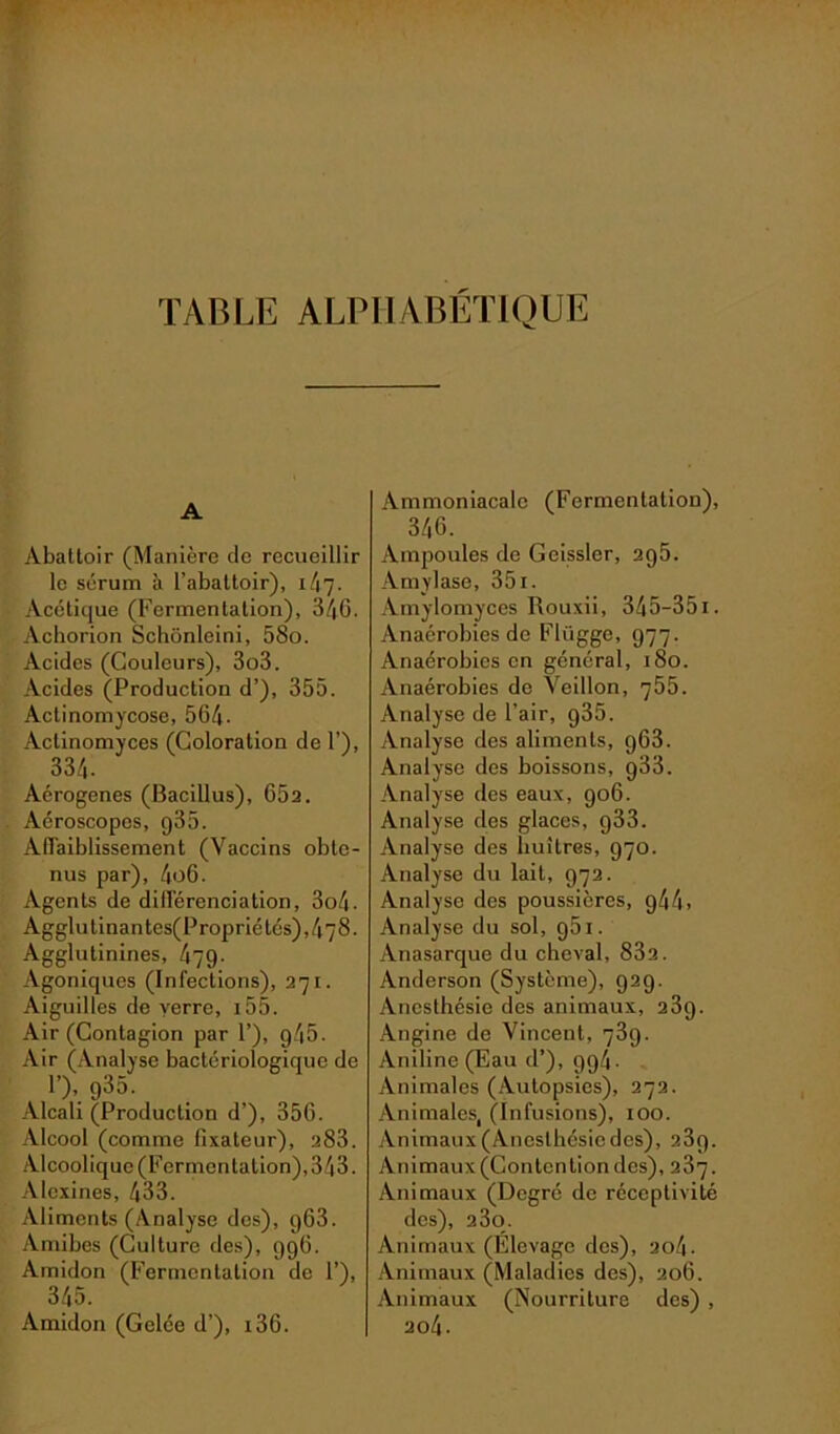 TABLE ALPHABÉTIQUE A Abattoir (Manière de recueillir le sérum à l’abattoir), 147- Acétique (Fermentation), 340. Acborion Schônleini, 58o. Acides (Couleurs), 3o3. Acides (Production d’), 355. Actinomycose, 564- Aclinomyces (Coloration de 1’), 334. Aérogenes (Bacillus), 65a. Aéroscopcs, g35. Affaiblissement (Vaccins obte- nus par), 4*3,6. Agents de différenciation, 3o4. Agglutinantes(Propriélés),478. Agglutinines, 479- Agoniques (Infections), 271. Aiguilles de verre, i55. Air (Contagion par P), g45. Air (Analyse bactériologique de 1’), 935. Alcali (Production d’), 356. Alcool (comme fixateur), 283. Alcoolique (Fermentation), 343. Alexines, 433. Aliments (Analyse des), 963. Amibes (Culture des), 996. Amidon (Fermentation de 1’), 345. Amidon (Gelée d’), i36. Ammoniacale (Fermentation), 346. Ampoules de Geissler, 2g5. Amylase, 351. Amylomyces Rouxii, 345—351. Anaérobies de Flügge, 977. Anaérobies en général, 180. Anaérobies de Veillon, 755. Analyse de l’air, g35. Analyse des aliments, 963. Analyse des boissons, g33. Analyse des eaux, 906. Analyse des glaces, g33. Analyse des huîtres, 970. Analyse du lait, 972. Analyse des poussières, g44. Analyse du sol, 951. Anasarque du cheval, 832. Anderson (Système), 929. Anesthésie des animaux, 23g. Angine de Vincent, 73g. Aniline (Eau d’), 994 • Animales (Autopsies), 272. Animales, (Infusions), 100. Animaux (Anesthésie des), 23g. Animaux (Contention des), 237. Animaux (Degré de réceptivité des), 23o. Animaux (Élevage des), 204. Animaux (Maladies des), 206. Animaux (Nourriture des) , 204 •