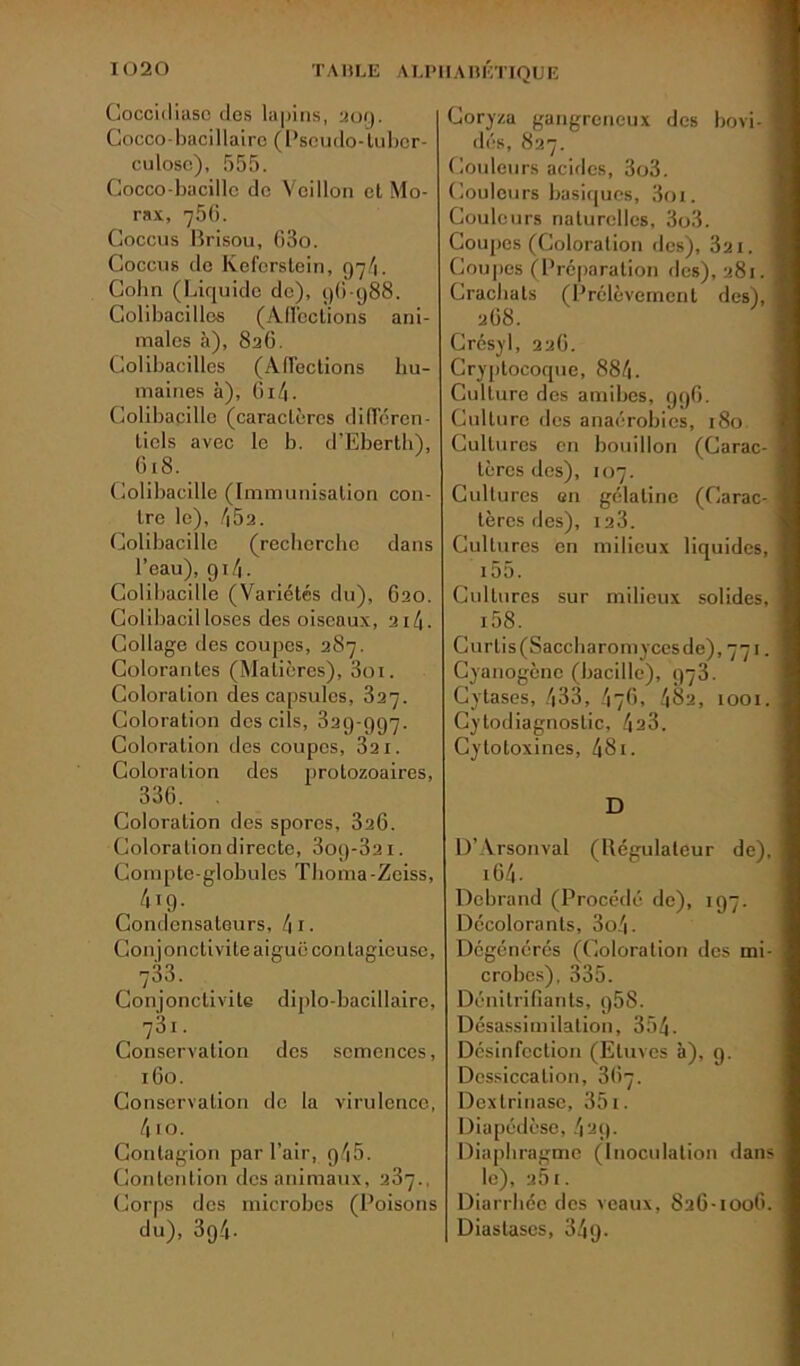 Coccidiaso des lapins, 209. Cocco-bacillaire (Pseudo-tuber- culose), 555. Gocco-bacille de Vcillon et Mo- rax, 756. Coccus Brisou, 63o. Goccus de Keferslein, 97/1. Golm (Liquide de), t)(i-y88. Colibacilles (Affections ani- males à), 826. Colibacilles (Affections hu- maines à), G14 - Colibacille (caractères différen- tiels avec le b. d’Eberth), G18. Colibacille (Immunisation con- tre le), 452. Colibacille (recherche dans l’eau), 914. Colibacille (Variétés du), 620. Colibacilloses des oiseaux, a14- Collage des coupes, 287. Colorantes (Matières), 3oi. Coloration des capsules, 327. Coloration des cils, 329-997. Coloration des coupes, 321. Coloration des protozoaires, 336. . Coloration des spores, 326. Coloration directe, 3o9-32i. Compte-globules Tlioma-Zeiss, 419. Condensateurs, 4 1 • Cou jonclivile aiguë contagieuse, 733. Conjonctivite diplo-bacillaire, Conservation des semences, 160. Conservation de la virulence, 4 10. Contagion par l’air, 945. Contention des animaux, 237., Corps des microbes (Poisons du), 3g4- Coryza gangreneux des bovi- 1 dés, 827. Couleurs acides, 3o3. Couleurs basiques, 3oi. Couleurs naturelles, 3o3. Coupes (Coloration des), 321. j Coupes (Préparation des), 281. Crachats (Prélèvement des), 268. Crésyl, 226. Cryptocoque, 884. Culture des amibes, 996. Culture des anaérobies, 180 Cultures en bouillon (Carac- tères des), 107. Cultures en gélatine (Carac- tères des), 123. Cultures en milieux liquides, 155. Cultures sur milieux solides, i58. Curlis(Saccharomycesde), 771. Cyanogène (bacille), 973. Cytases, 433, 476, 482, looi. Cytodiagnostic, 423. Cytotoxines, 481. D D’Àrsonval (Régulateur de), i64- Dcbrand (Procédé de), 197. Décolorants, 3o4- Dégénérés (Coloration des mi- crobes), 335. Dénilrifianls, q5S. Désassimilation, 354. Désinfection (Etuves à), 9. Dessiccation, 367. Dexlrinase, 351. Diapédèse, 429. Diaphragme (Inoculation dans le), a51. Diarrhée des veaux, 826-1006. Diaslascs, 349-